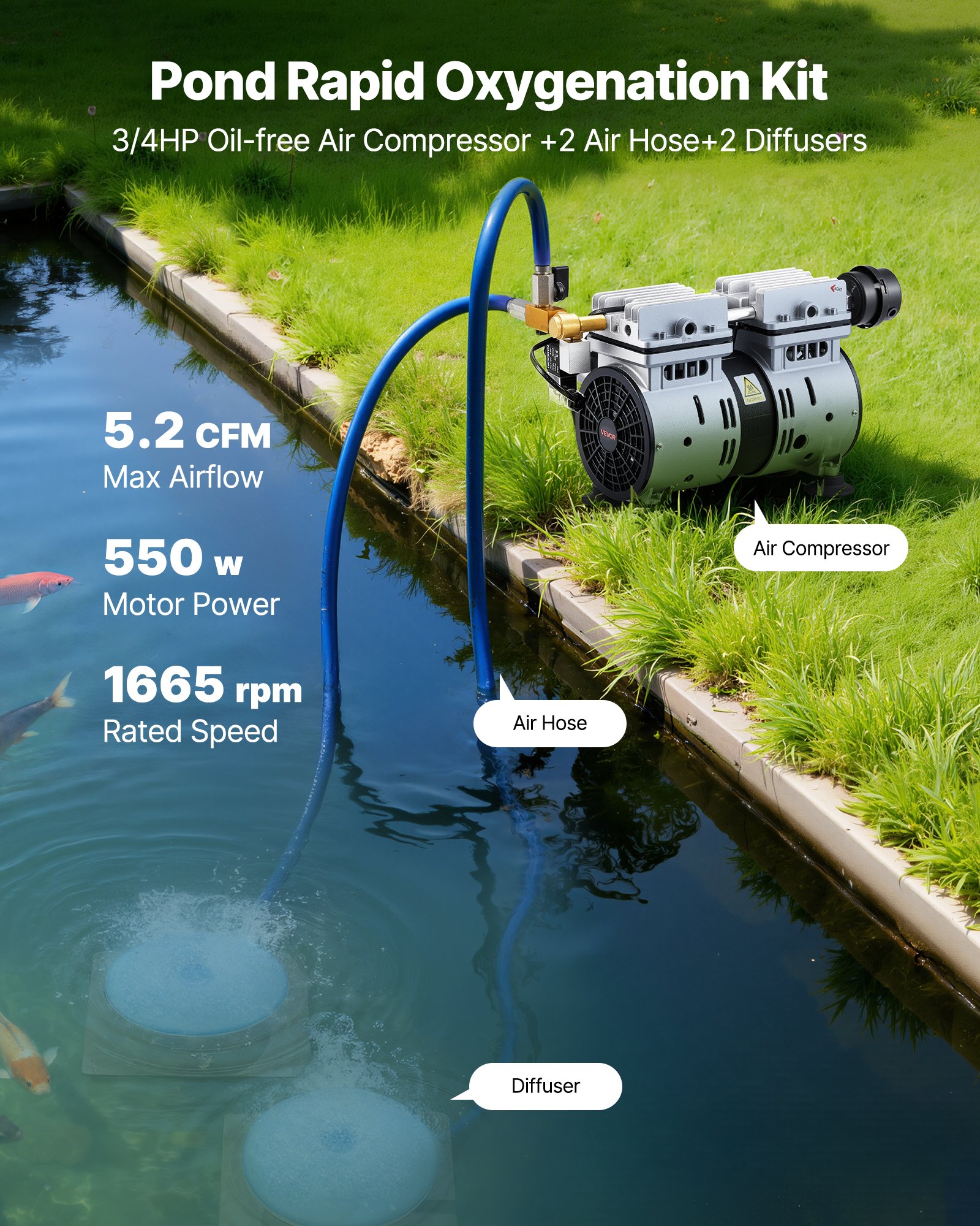 Pond Aerators, 5.2CFM Aeration System For Lakes Up To 3 Acres, 3/4 HP Air Compressor, 2 Diffusers & Two 100' Weighted Tubings, Outdoor Pond Aeration Pump For Deep Water Oxygen Circulation
