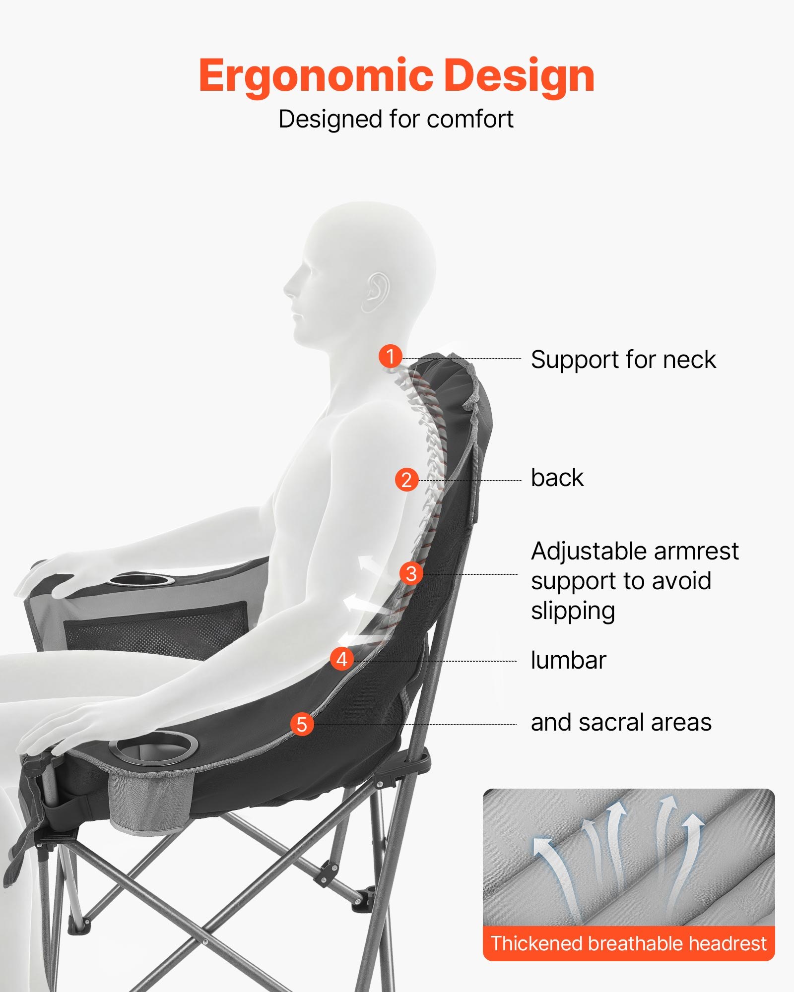 Oversized Camping Chairs, 450 Lbs Heavy Duty Support, Portable Padded Folding Camp Chairs With Dual Cup Holders & Wine Glass Holders, Carry Bag For Outdoor, Fishing, Black & Gray, 1 Pack