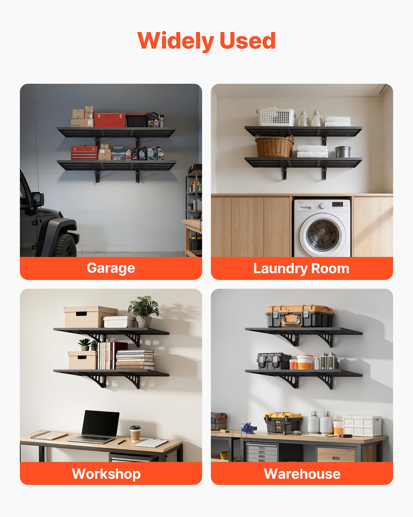 2-Tier Heavy Duty Wall Garage Shelving, 1.64 X 4 Ft Steel Wall Mounted Shelving Unit, 19.68 X 48 Inch Per Shelf Floating Storage Metal Rack For Garage With 560 Lbs Total Weight Capacity, Black