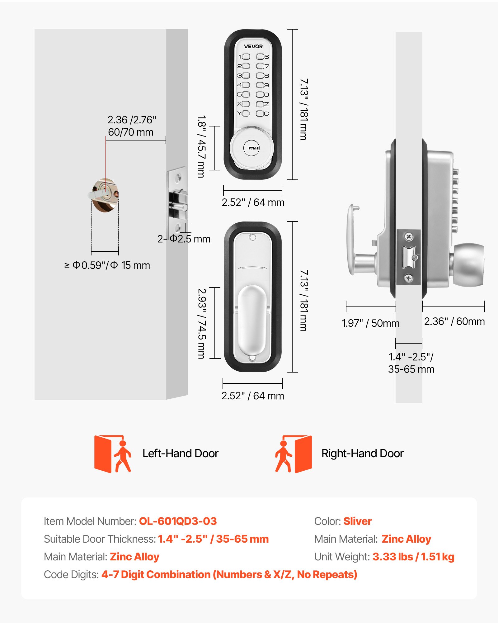 Mechanical Keyless Entry Door Lock, 2.0 Code Upgrade, 4-7 Digits Code, Single-Sided Push Button Combination Mechanical Keypad Door Knob, Auto Locking, For Garden Gates, Indoor Or Outdoor, Silver