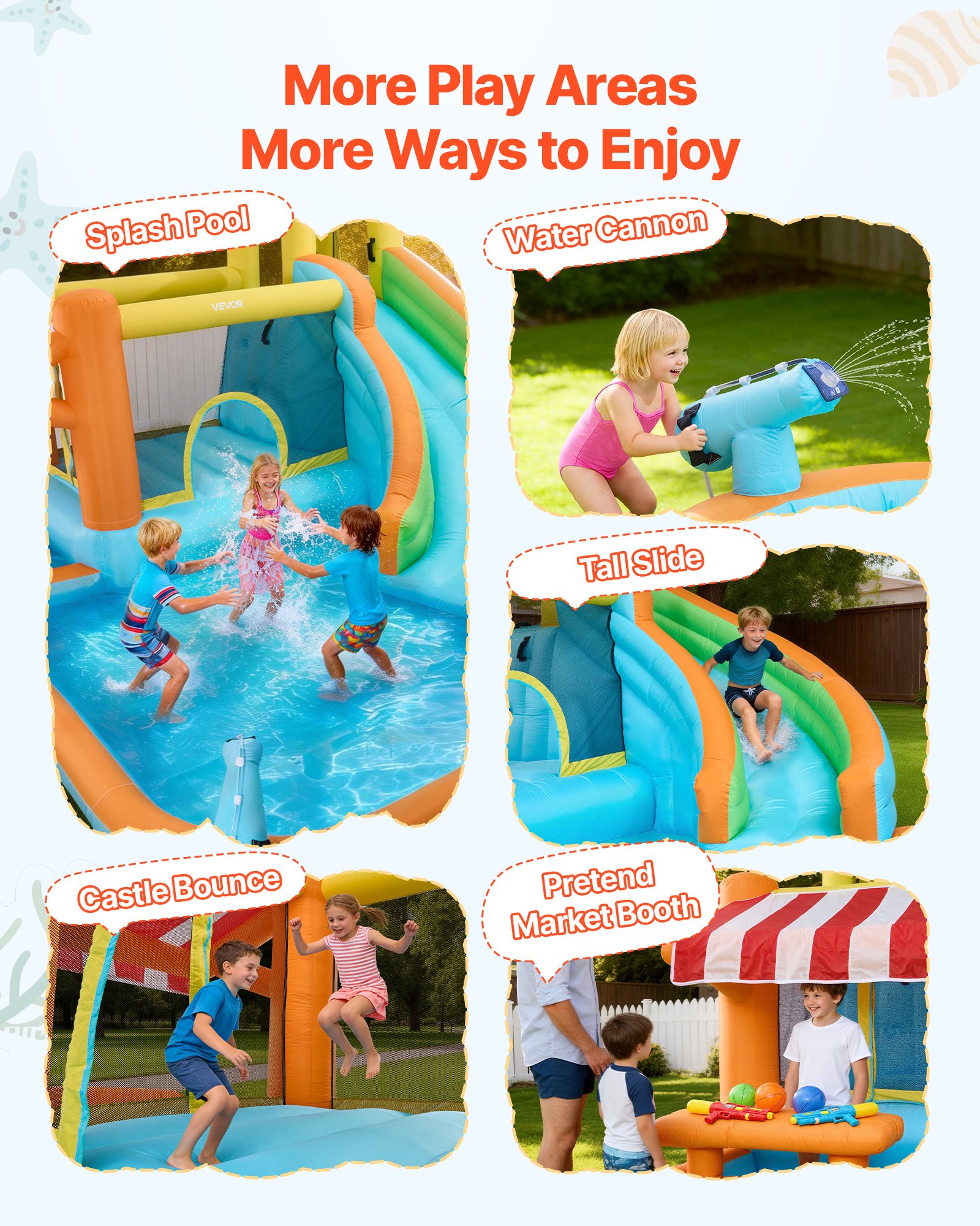 Inflatable Bounce House, 14.9 X 12.8 X 7.8 Ft Inflatable Bounce House Water Slide, Bouncer Castle With Castle Bounces, Tall Slide, Splash Pool & Pretend Market Booth, For 3 To 4 Kids Ages 3 To 8