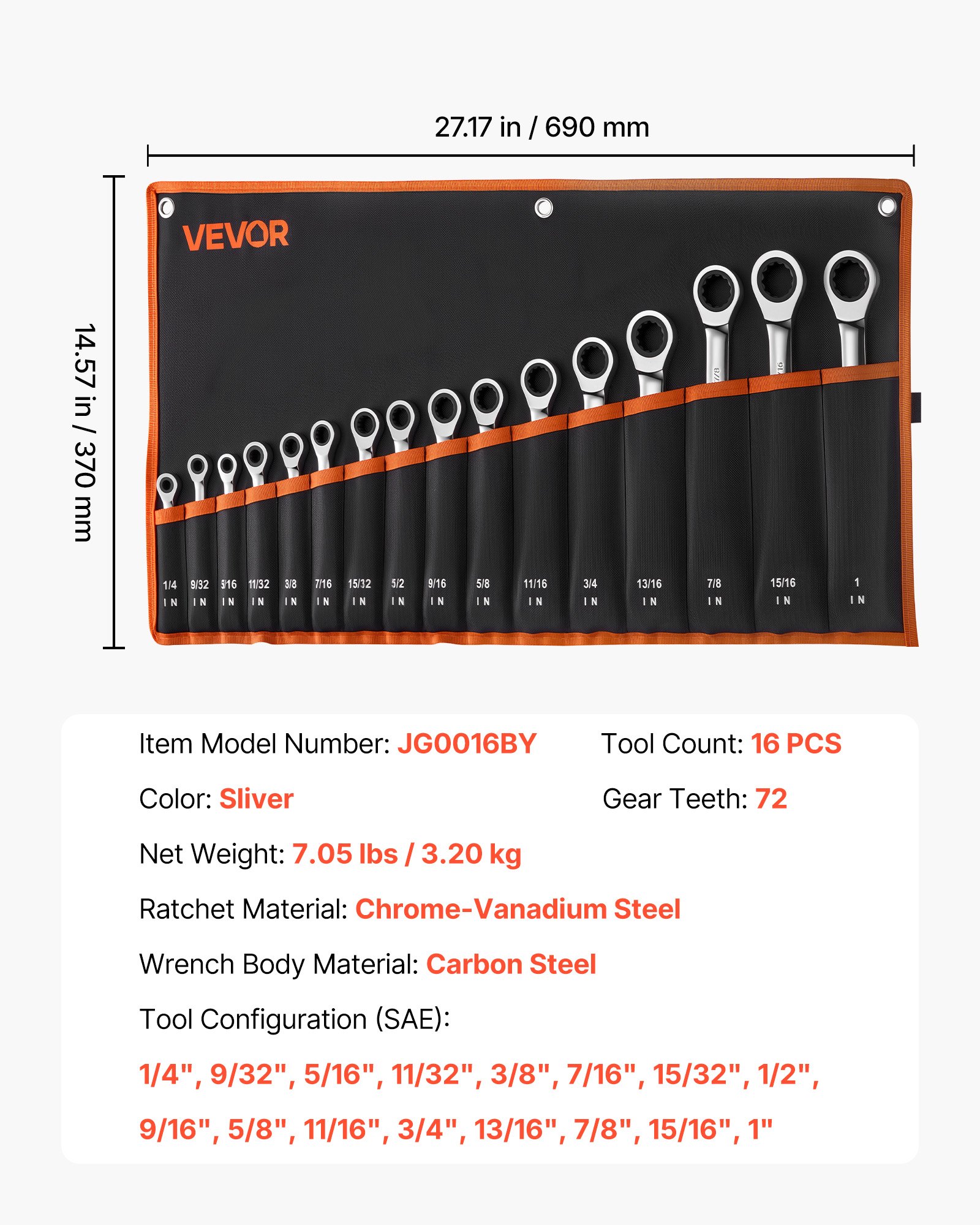 Combination Wrench Set, 16-Piece SAE Sizes, 72 Teeth, Cr-V Steel Ratcheting Wrench Set, With Roll Up Pouch, Open End, Clear Size Labels, For General Household And Automotive Repairs, Silver - Image 1