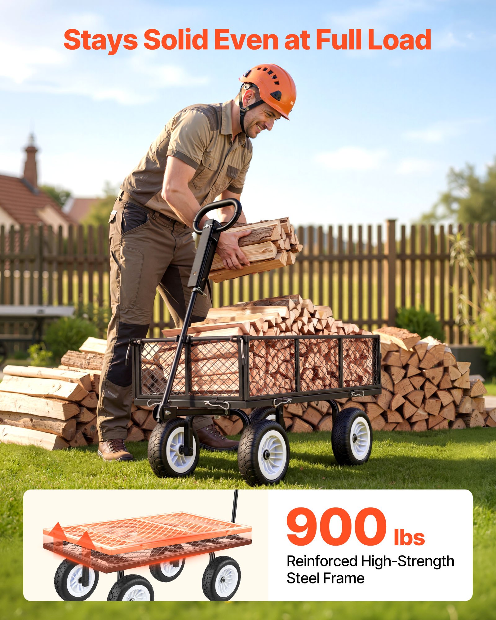 Garden Cart, 900 LBS, Heavy Duty Steel Yard And Garden Utility Wagon With 10-Inch Tires, Outdoor Gardening Stool With Adjustable Handle, Detachable Side Panels, Attach To ATV Or Tractor, Black