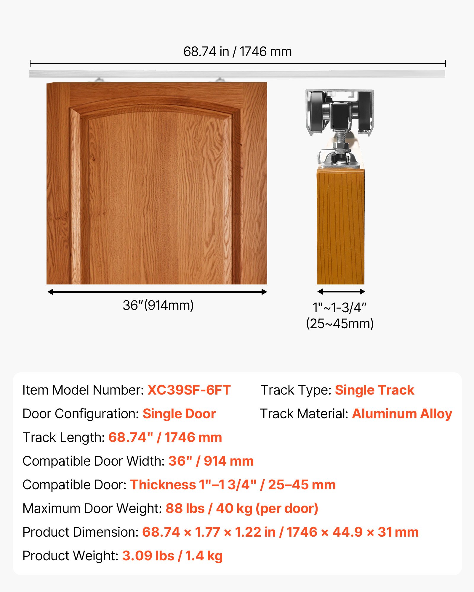 Sliding Pocket Door Hardware Track Kit, 68.74" Pocket Door Track Kit With Soft Close Mechanism For Smooth And Quiet Sliding, Easy To Install, For 1" To 1 3/4" Thickness 36" Width Single Door