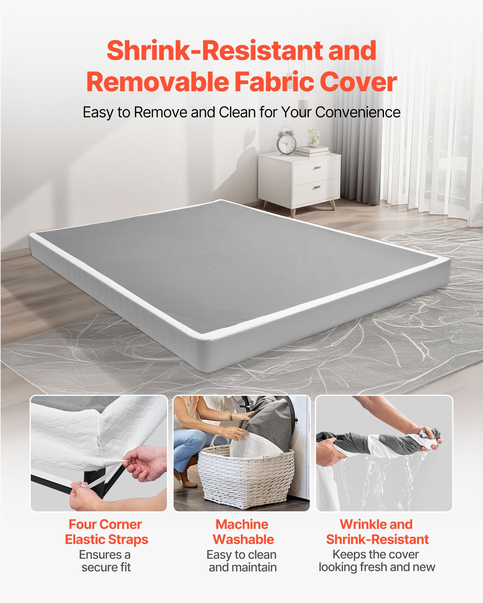 Box Spring, Queen Size Bed Frame With Washable Fabric Cloth, Heavy Duty Metal Frame For Queen Bed, 5.1 In Mattress Foundation, 3500 Lbs Max Weight Capacity, Easy Assembly, 79.1 X 59.6 X 5.1 In