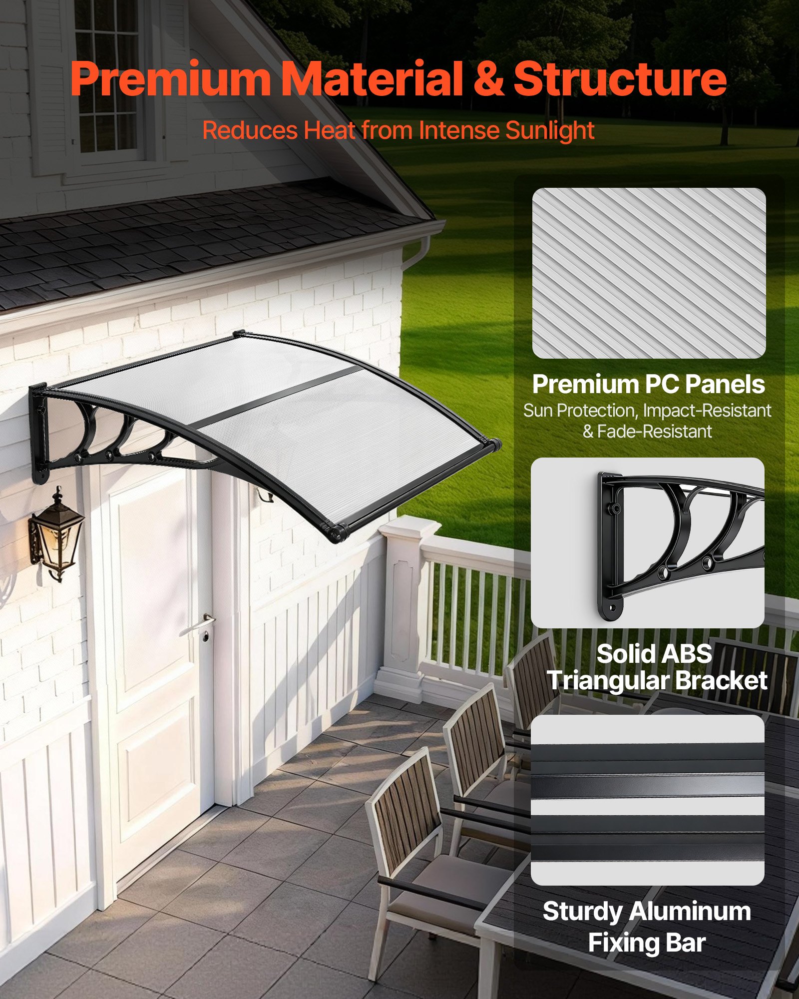 Awnings For Door Entrance, 38 X 40 In, Exterior Front Door Window Awnings With Drainage & ABS Bracket, Rain Snow Sun Protection, Overhang Polycarbonate Door Canopy For Porch Patio, Clear