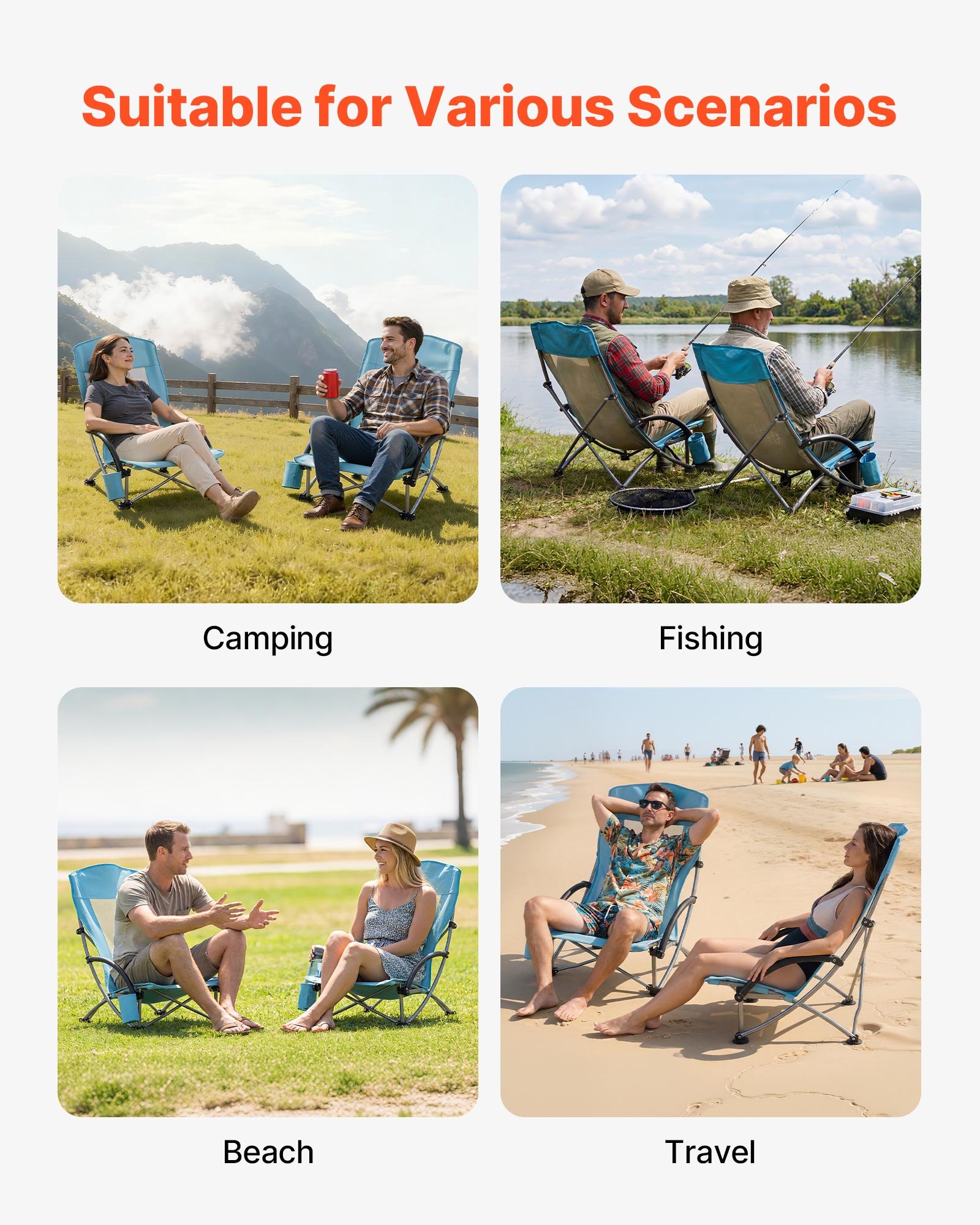 Folding Beach Chair, High Back Camping Chairs For Adults, With Cup Pocket, Mesh Back, Carry Bag, Portable Extra Wide Seat Chair 330 Lbs Heavy Duty Support, For Outdoor, Camp, Light Blue, 2 Pack