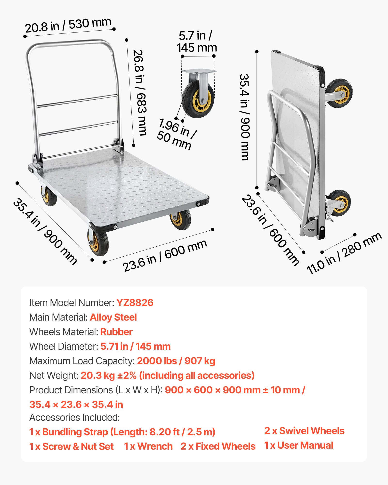 Platform Truck, 2000 Lbs Capacity, Heavy Duty Steel Flatbed Cart With Swivel Wheels And Handle, Foldable Platform Hand Push Truck Dolly, For Groceries, Garage, Warehouse, 35.4 X 23.6 X 35.4 In