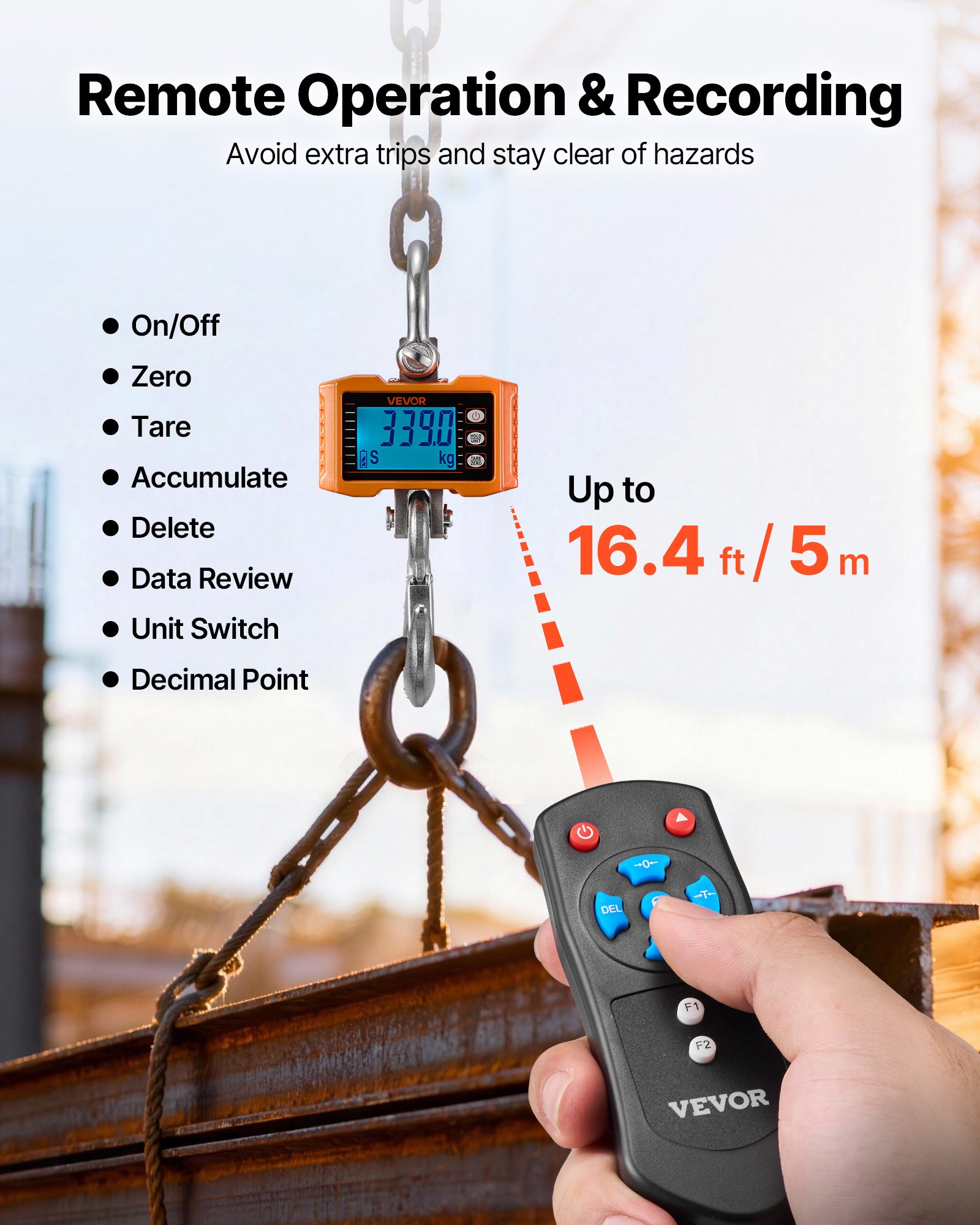 Digital Crane Scale, 4400 Lbs/2000 Kg Max Capacity, Heavy Duty Industrial Hanging Scale With Cast Aluminum Case & LCD Display, 1 Lbs Division & 3 Unit Switch, Remote Control For Garage Factory
