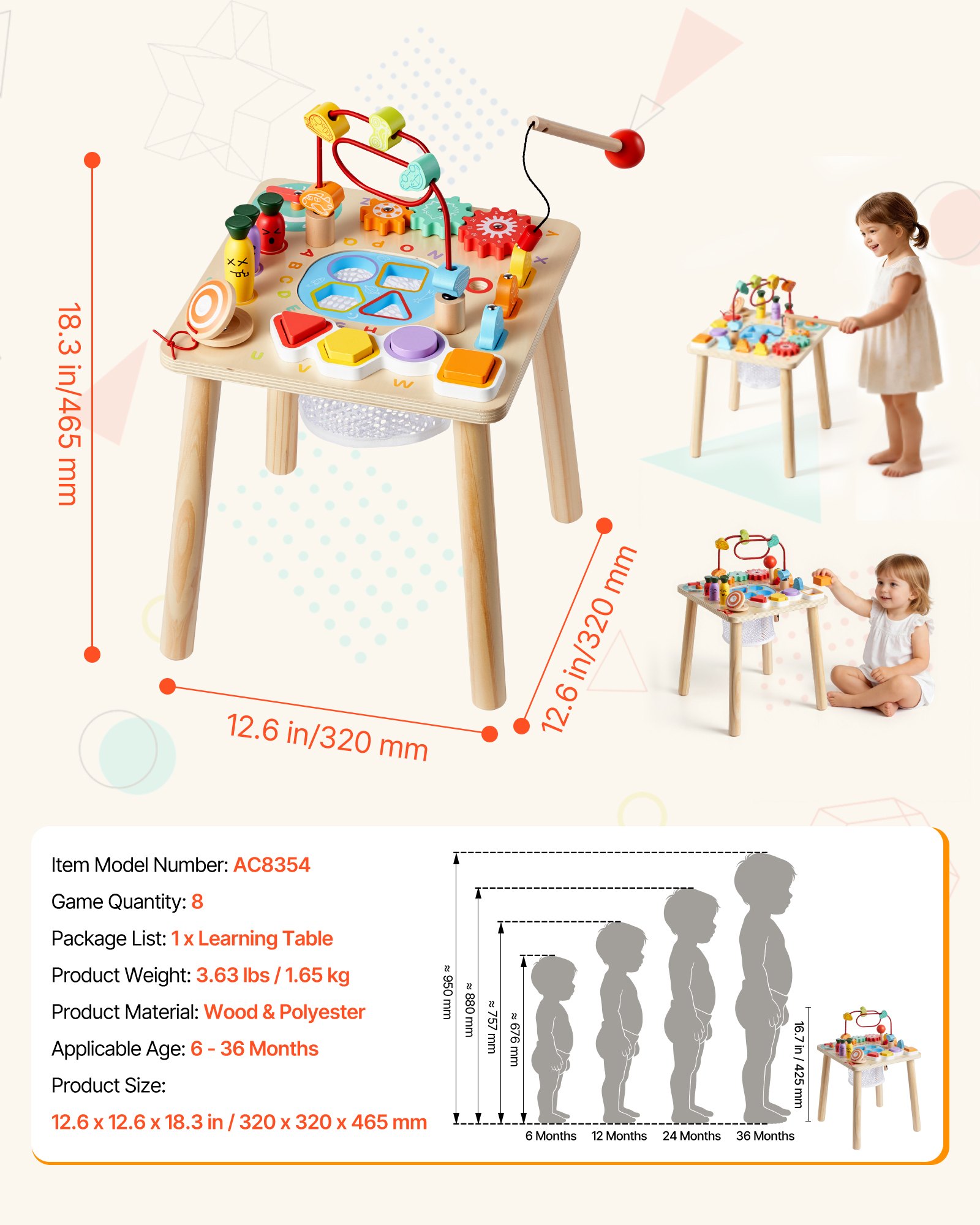 Montessori Activity Table For Toddler 1-3 Years Old, 8 In 1 Wooden Learn Activity Desk, Baby Play Table For Boys & Girls Aged 6+ Months, Great Birthday, Christmas, Children's Day Present