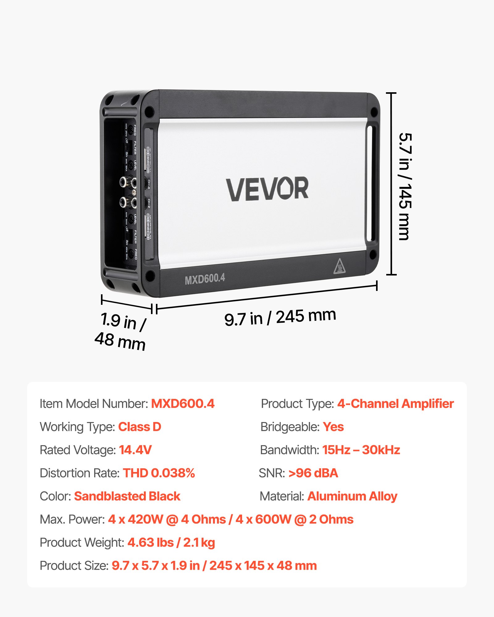 4 Channel Car Audio Amplifier 2 Ohm Stable Bridgeable Class D Full Range Amp Max Power 4 X 420W @ 4 Ohm / 4 X 600W @ 2 Ohm For Car SUV Truck Off-Road