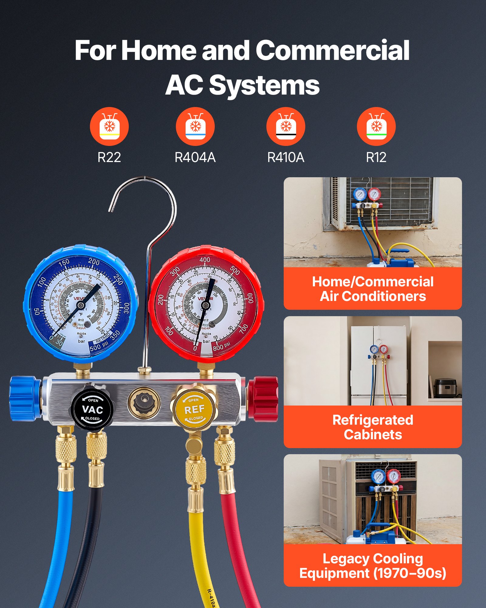 AC Manifold Gauge Set For R22 R404A R410A R12 Refrigerants, 4 Way AC Gauges With 5 Ft Hoses For Automotive &… - 4