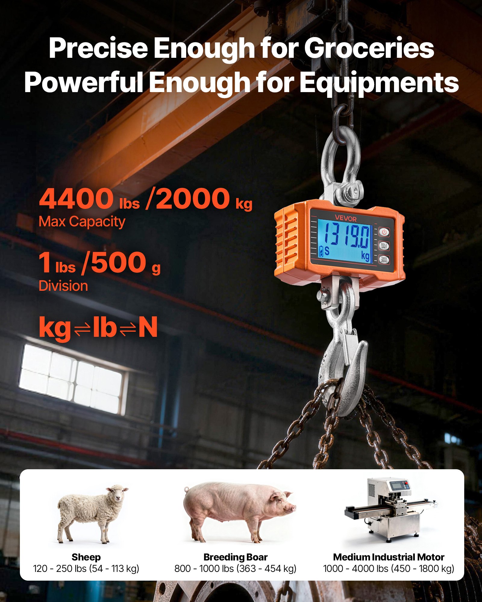 Digital Crane Scale, 4400 Lbs/2000 Kg Max Capacity, Heavy Duty Industrial Hanging Scale With Cast Aluminum Case & LCD Display, 1 Lbs Division & 3 Unit Switch, Remote Control For Garage Factory