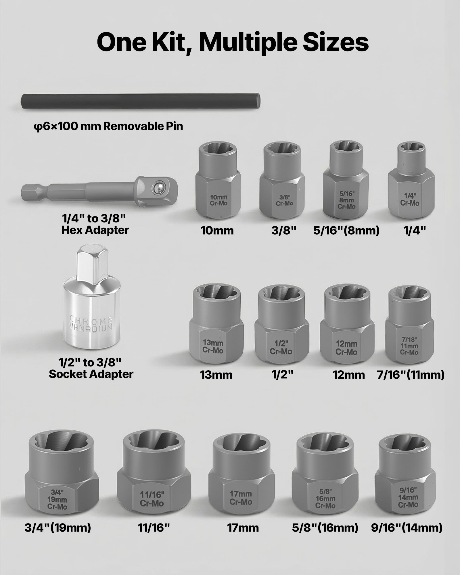 Bolt Extractor Kit, 16 Pieces Impact Bolt & Nut Remover Set With Adapters And Pin Punch, Solid Storage Case, Cr-Mo Steel For Removing Damaged, Rusted, Stripped, Rounded Bolts, Nuts And Screws