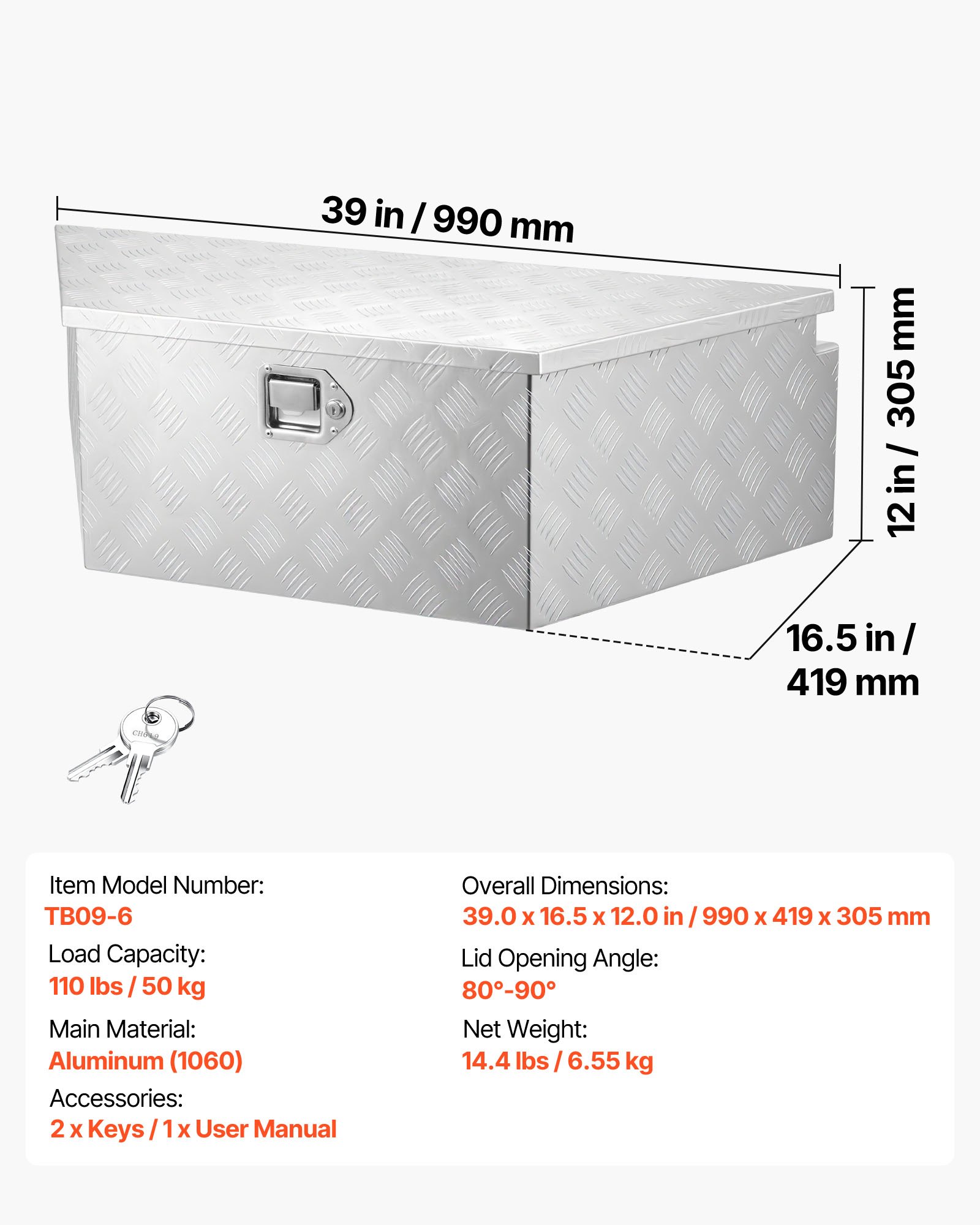 Trailer Tongue Box, 39" X 16.5" X 12" Aluminum Trailer Tongue Tool Box, Heavy Duty Storage Organizer With Lock & Keys, Utility Tool Chest For Pickup Truck Bed, RV, SUV, Off-Road Vehicle, Silver