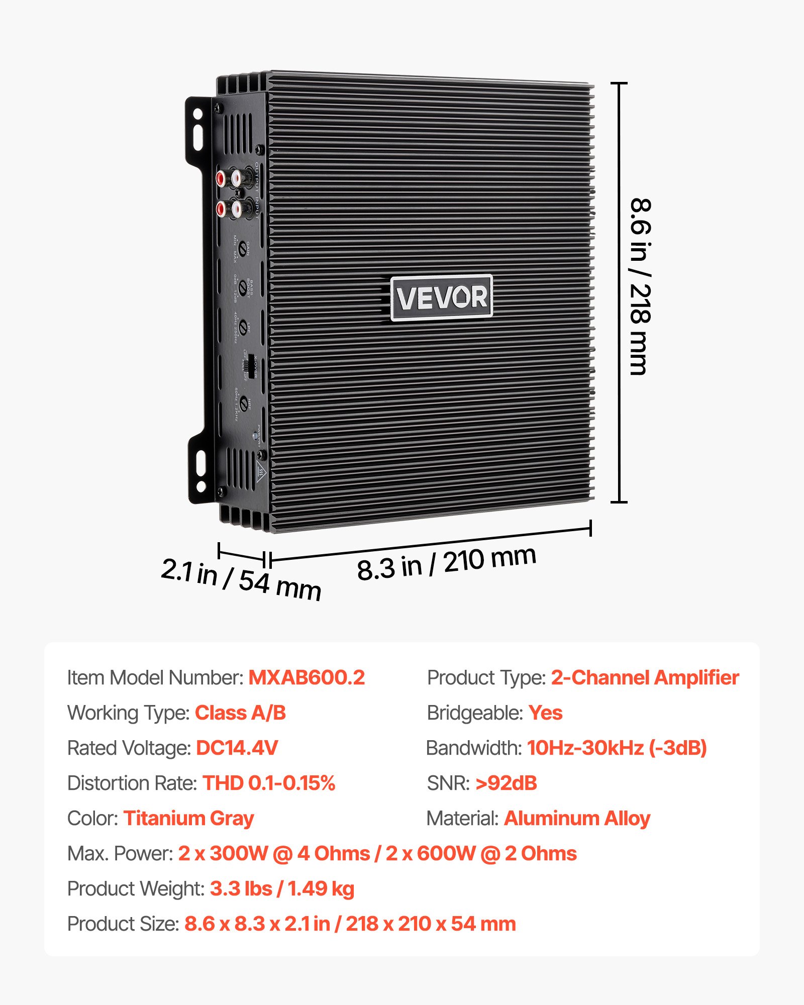 2 Channel Car Audio Amplifier 2 Ohm Stable Bridgeable Class A/B Full Range Stereo Amp Max Power 2 X 300W @ 4 Ohm / 2 X 600W @ 2 Ohm For Car SUV Truck Off-Road - Image 1