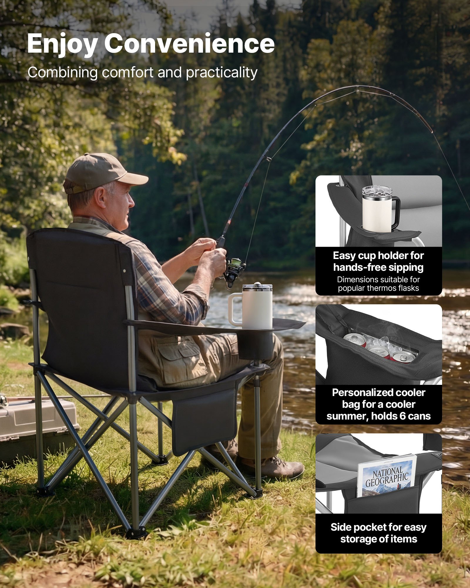 Oversized Camping Chairs, 450 Lbs Heavy Duty Support, Portable Folding Camp Chairs With Padded Backrest & Armrests, Cup Holder & Side Pocket, Cooler Bag, Carry Bags For Outdoor, Fishing, 2 Pack