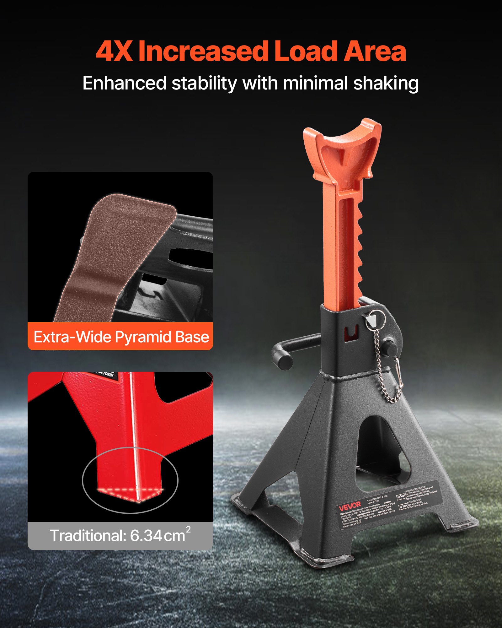 Jack Stands, 3 Ton (6,600 Lbs) Capacity, 10.8-16.3 In Adjustable Height, Heavy Duty Steel Jack Auto Stands With Double Locking, For Lifting SUV, Pickup, Car, UTV/ATV, 1 Pair, Black And Orange