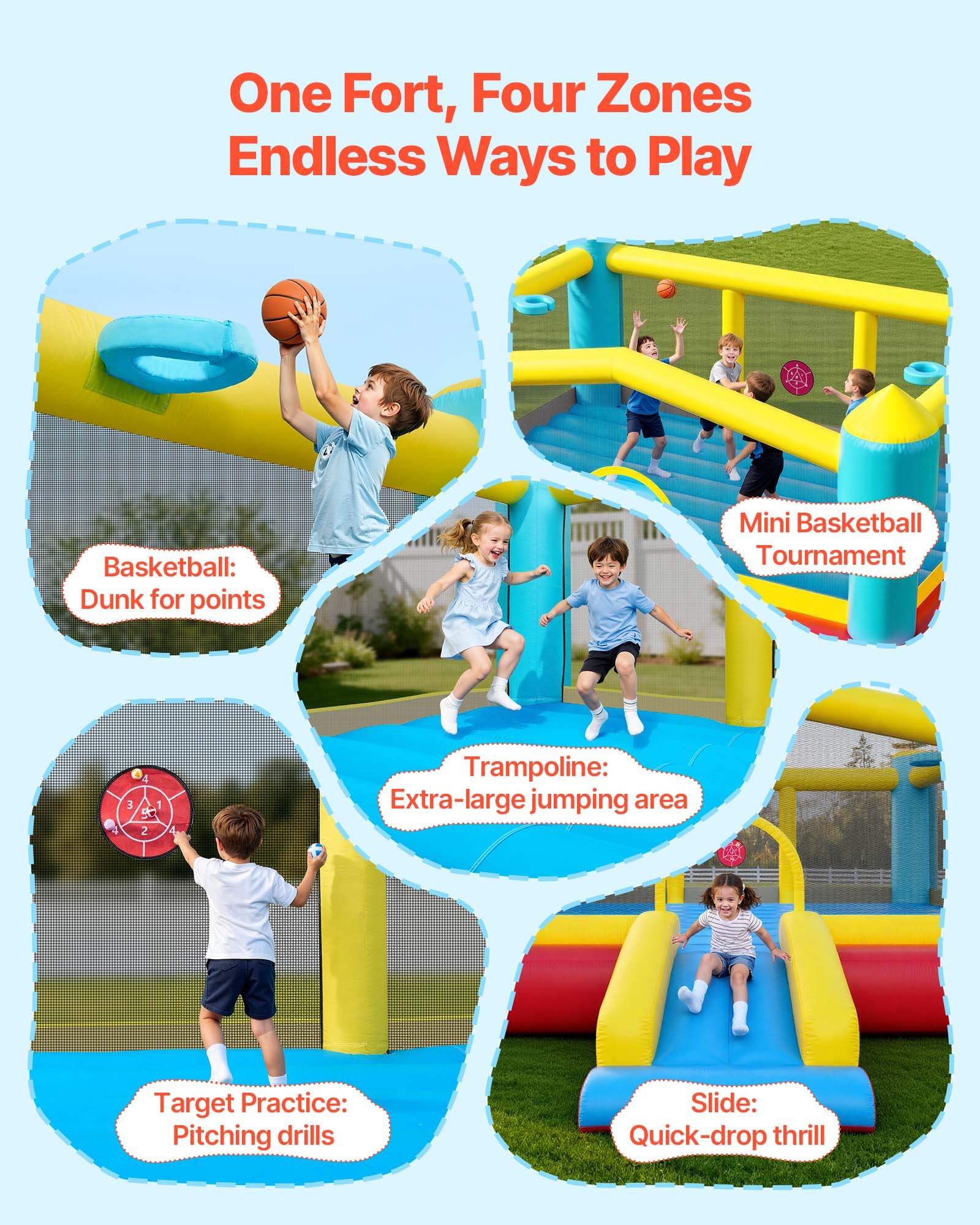 Inflatable Bounce House, 14.7 X 13.8 X 6.8 Ft Jumping Bouncy Castle, Inflatable Jumper For Kids With Slide, Basketball Hoop, Target Game & Jumping Area, Jumpings House Holds 3-4 Kids (Ages 3-8)