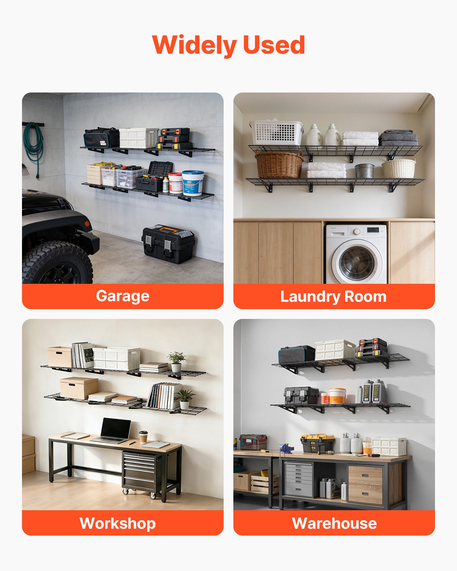 2-Tier Heavy Duty Wall Garage Shelving, 4 Pack 1 X 3 Ft Steel Wall Mounted Shelving Unit, 12 X 72 Inch Per Shelf Floating Storage Metal Rack For Garage With 600 Lbs Total Weight Capacity, Black