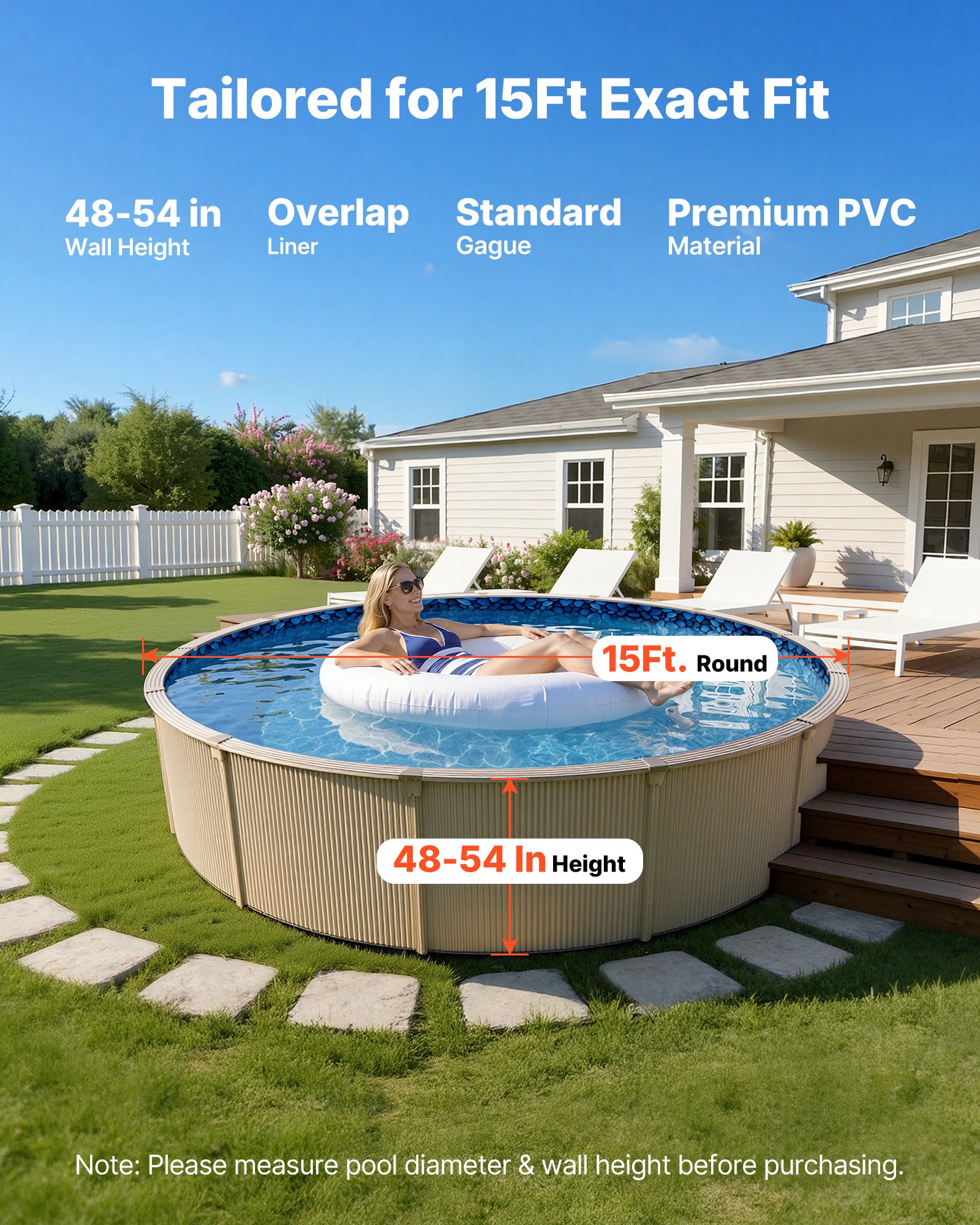 15ft Pool Liner, Round Overlap Swimming Pool Liner For 54 In Wall Height, Premium Vinyl, Easy Install With Leak-Proof Patches, Designed For Steel Sided Above-Ground,Outdoor, Boulder Swirl
