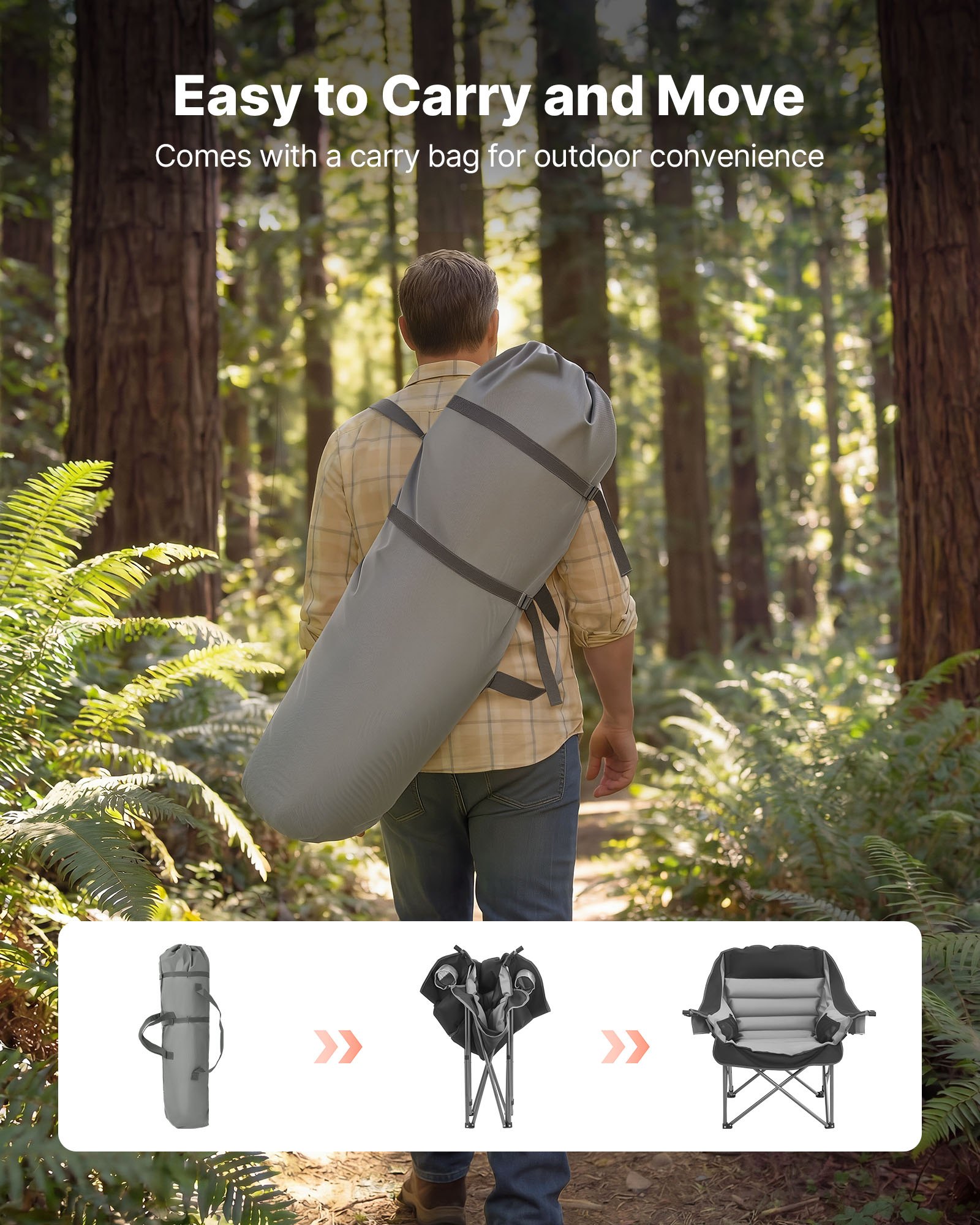 Oversized Camping Chairs, 450 Lbs Heavy Duty Support, Portable Padded Folding Camp Chairs With Dual Cup Holders & Wine Glass Holders, Carry Bag For Outdoor, Fishing, Black & Gray, 1 Pack