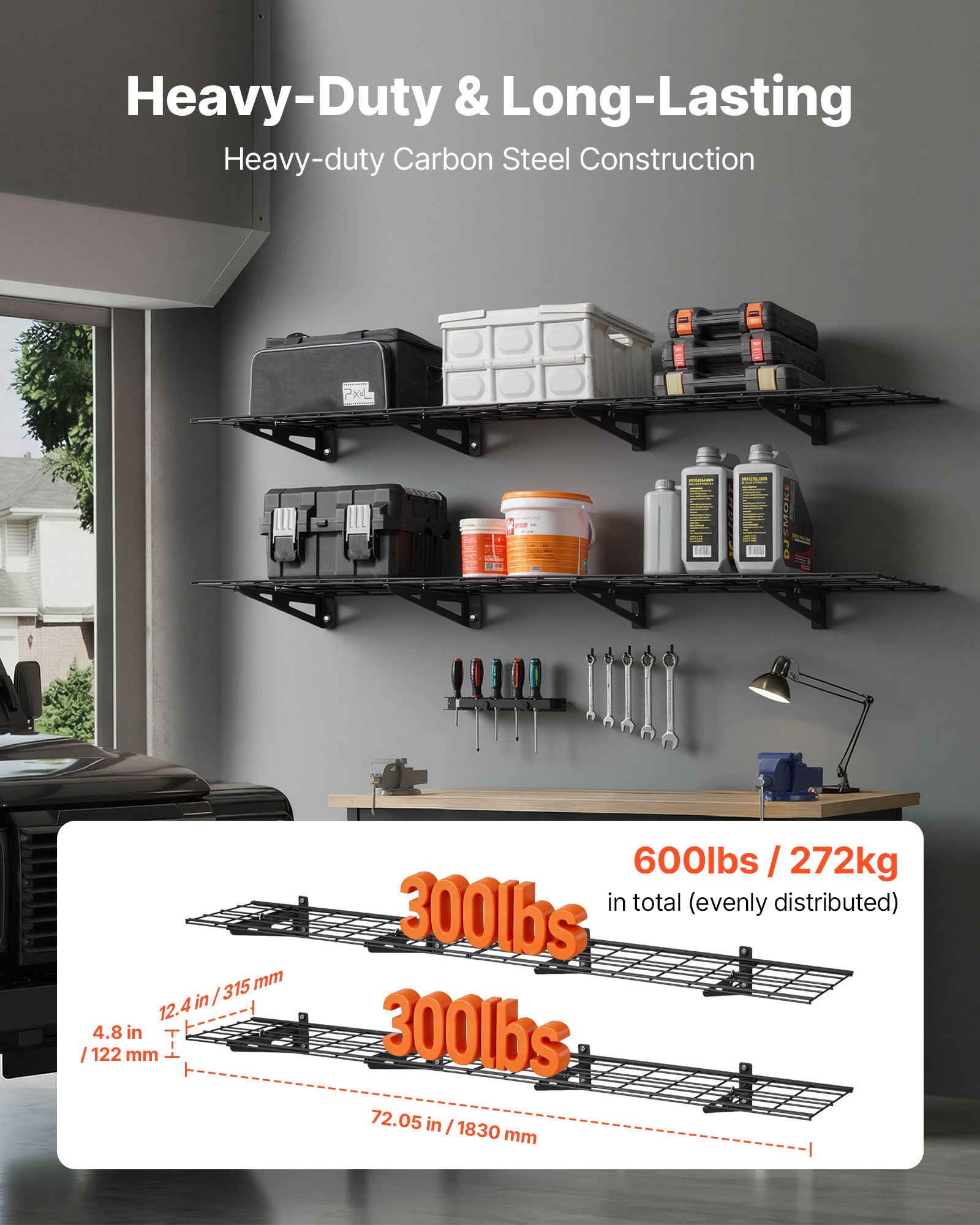 2-Tier Heavy Duty Wall Garage Shelving, 4 Pack 1 X 3 Ft Steel Wall Mounted Shelving Unit, 12 X 72 Inch Per Shelf Floating Storage Metal Rack For Garage With 600 Lbs Total Weight Capacity, Black