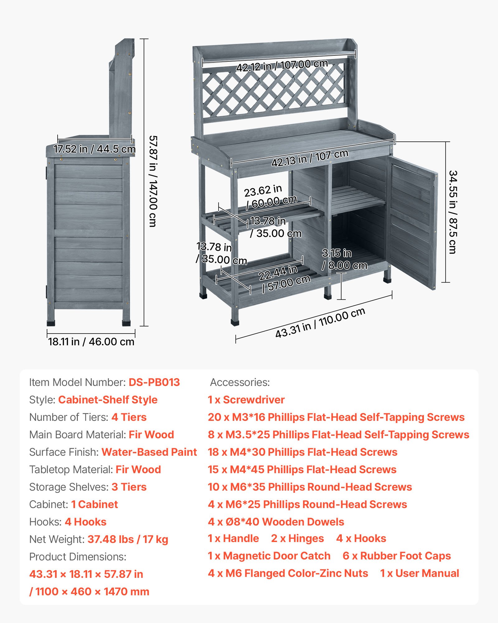 Potting Bench Table, Outdoor Gardening Wooden Workstation With Storage Cabinet, Storage Shelves, 43 X 18 In Wood Tabletop, Garden Planting Work Station For Patio, Backyard, Balcony, Gray
