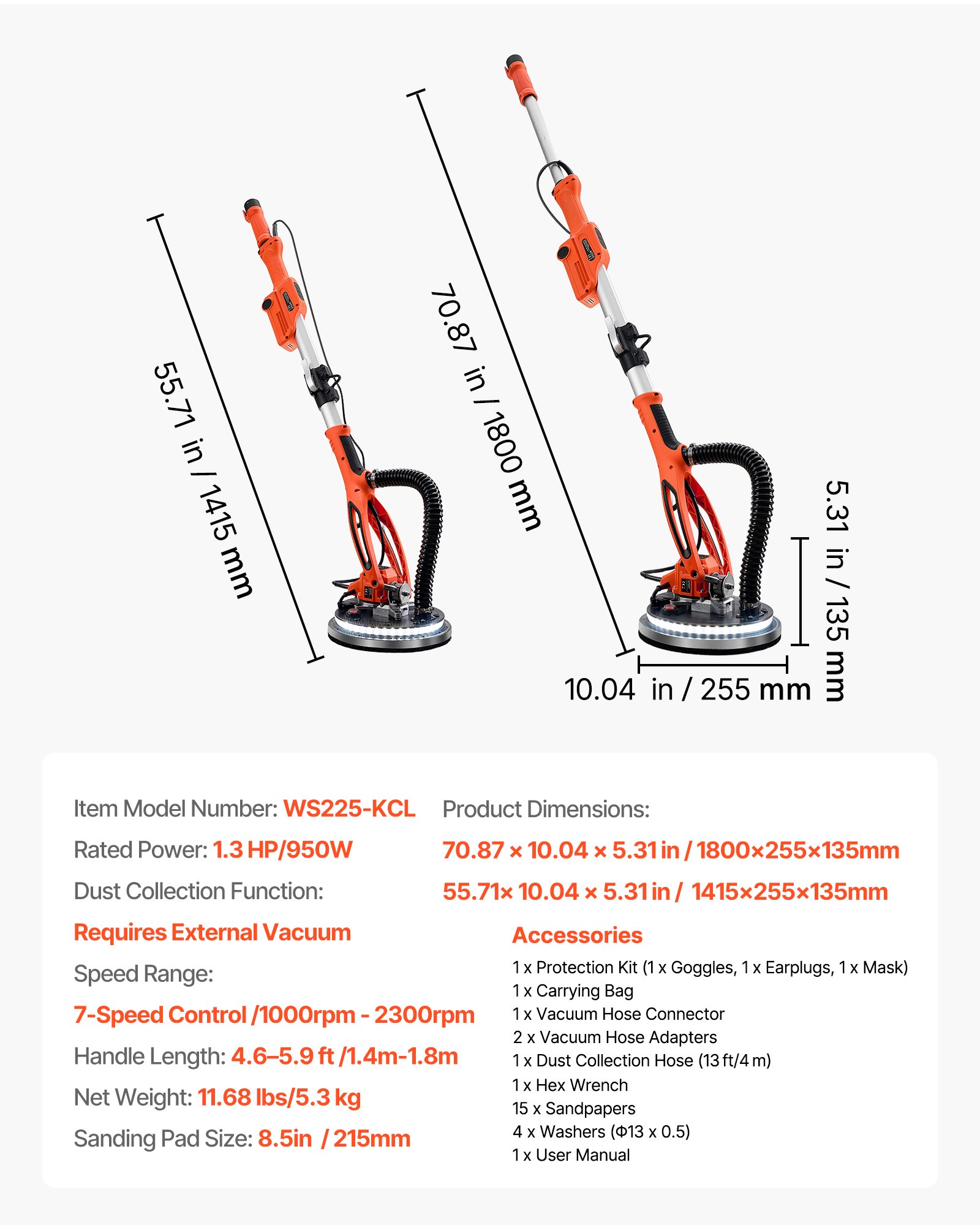 Drywall Sander, 950W Electric Drywall Sander, Popcorn Ceiling Removal Tool With 7 Variable Speed 1000-2300 RPM, Double-Deck LED Light, Foldable & Extendable Handle, 15 Sanding Discs, Dust Hose