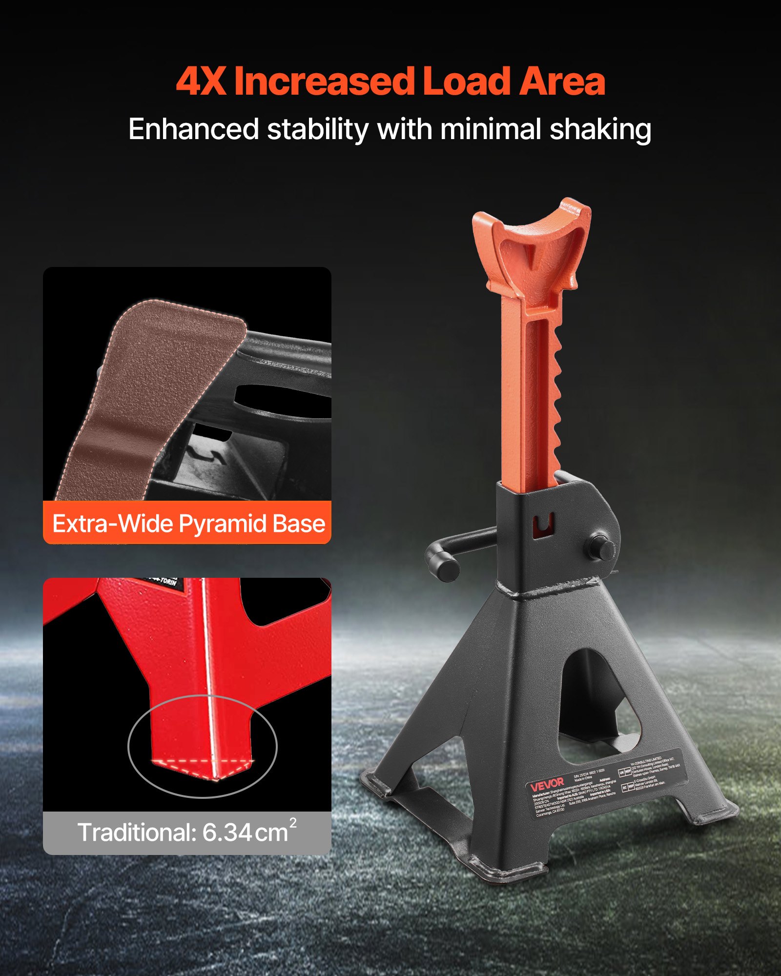 Jack Stands, 3 Ton (6,600 Lbs) Capacity, 10.8-16.3 In Adjustable Height, Heavy Duty Steel Jack Auto Stands With Locking, For Lifting SUV, Pickup, Car And UTV/ATV, 1 Pair, Black And Orange image 3