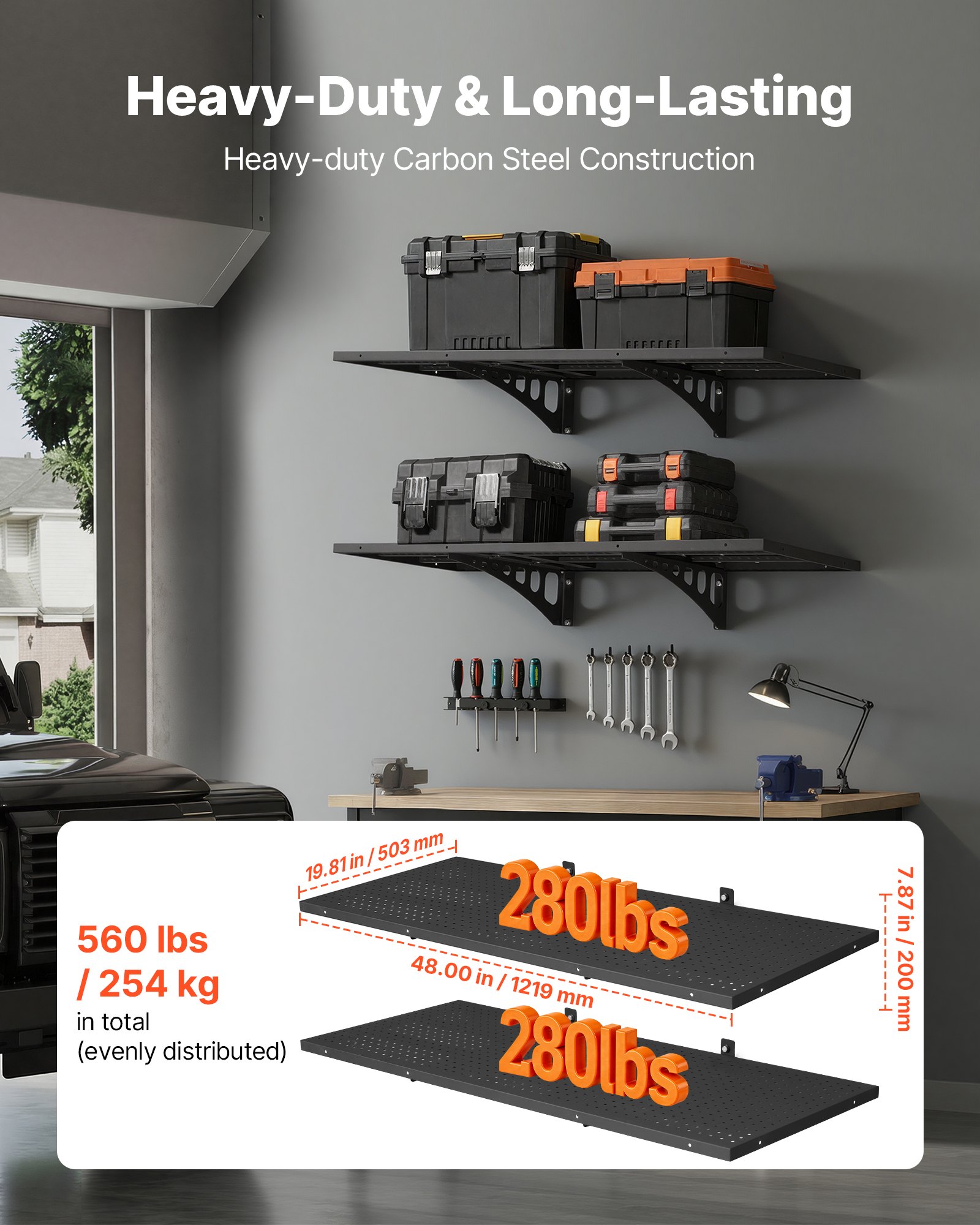 2-Tier Heavy Duty Wall Garage Shelving, 1.64 X 4 Ft Steel Wall Mounted Shelving Unit, 19.68 X 48 Inch Per Shelf Floating Storage Metal Rack For Garage With 560 Lbs Total Weight Capacity, Black