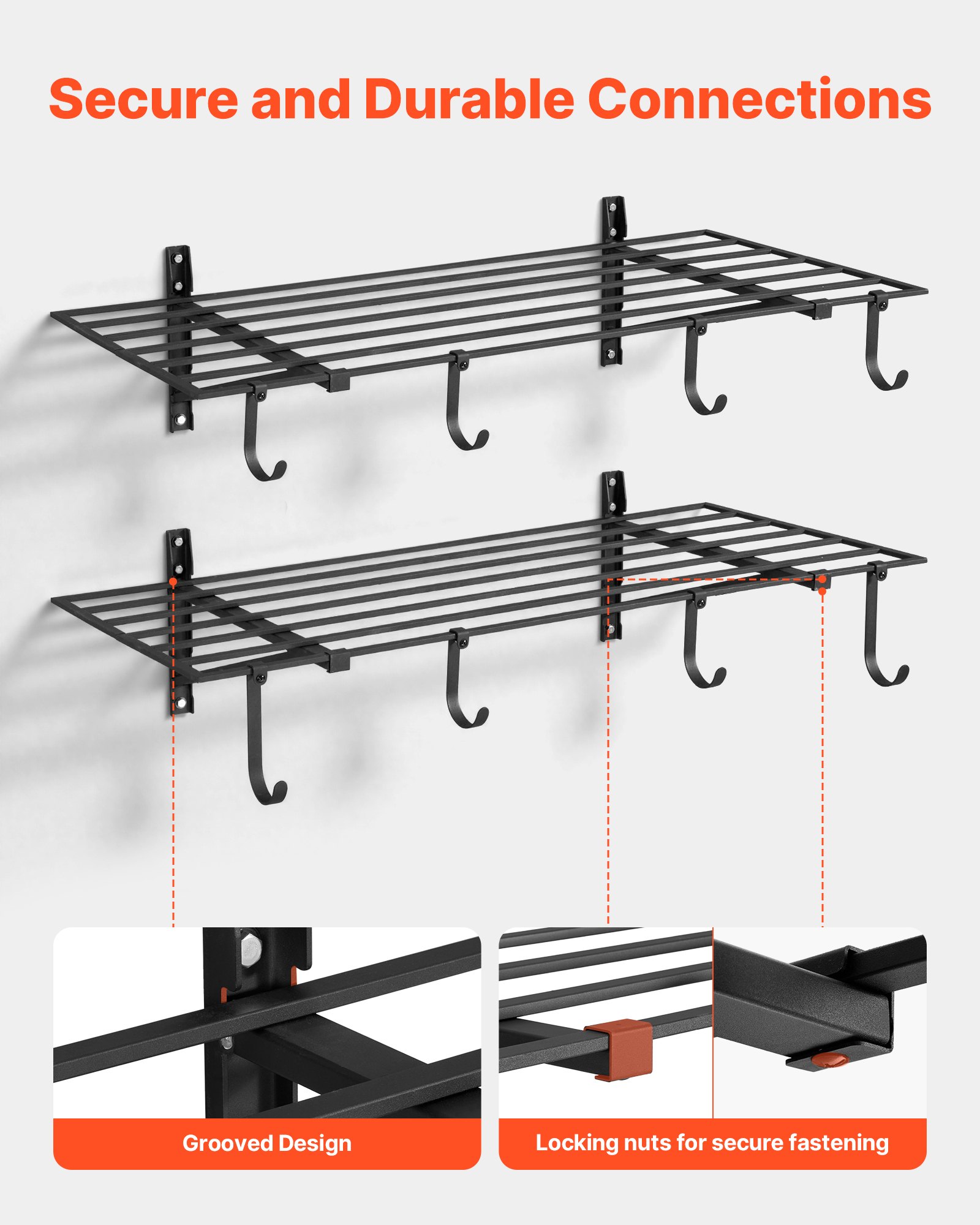 2-Tier Heavy Duty Wall Garage Shelving, 2 X 4 Ft Steel Wall Mounted Shelving Unit With Hooks, 24 X 48 Inch Per Shelf Floating Storage Metal Rack For Garage, 520 Lbs Total Weight Capacity, Black