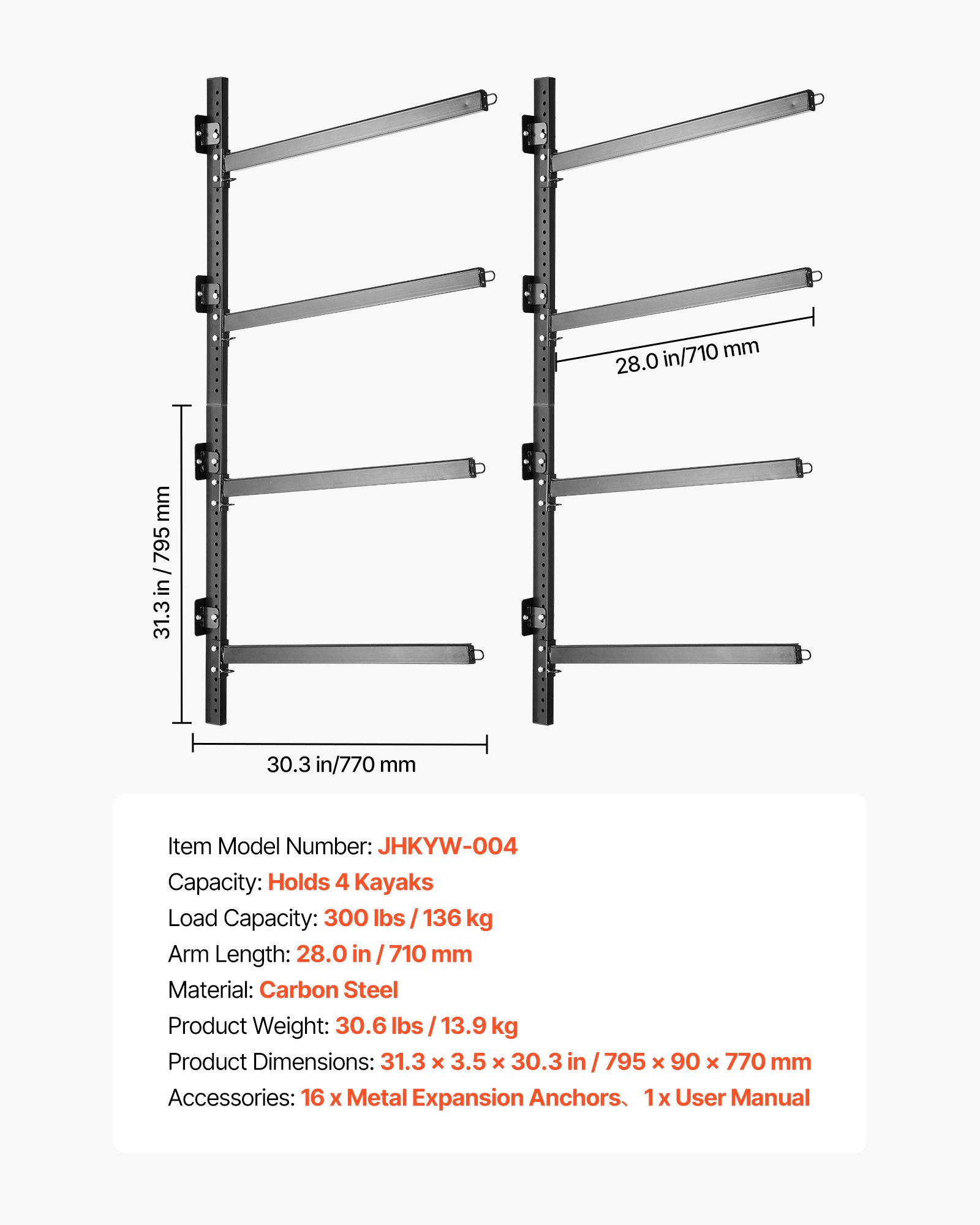 Kayak Storage Rack For 4 Kayaks, Holds 300 Lbs, Heavy Duty Adjustable Wall Mount Stand For Indoor Outdoor Garage Shed Dock, Storage Holder For Canoe, Small Boat, SUP, Surfboard & Paddleboard