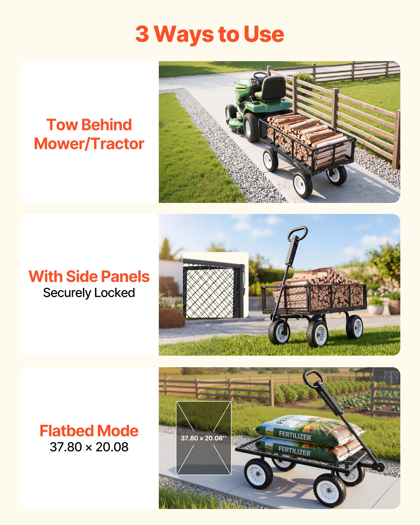 Garden Cart, 900 LBS, Heavy Duty Steel Yard And Garden Utility Wagon With 10-Inch Tires, Outdoor Gardening Stool With Adjustable Handle, Detachable Side Panels, Attach To ATV Or Tractor, Black