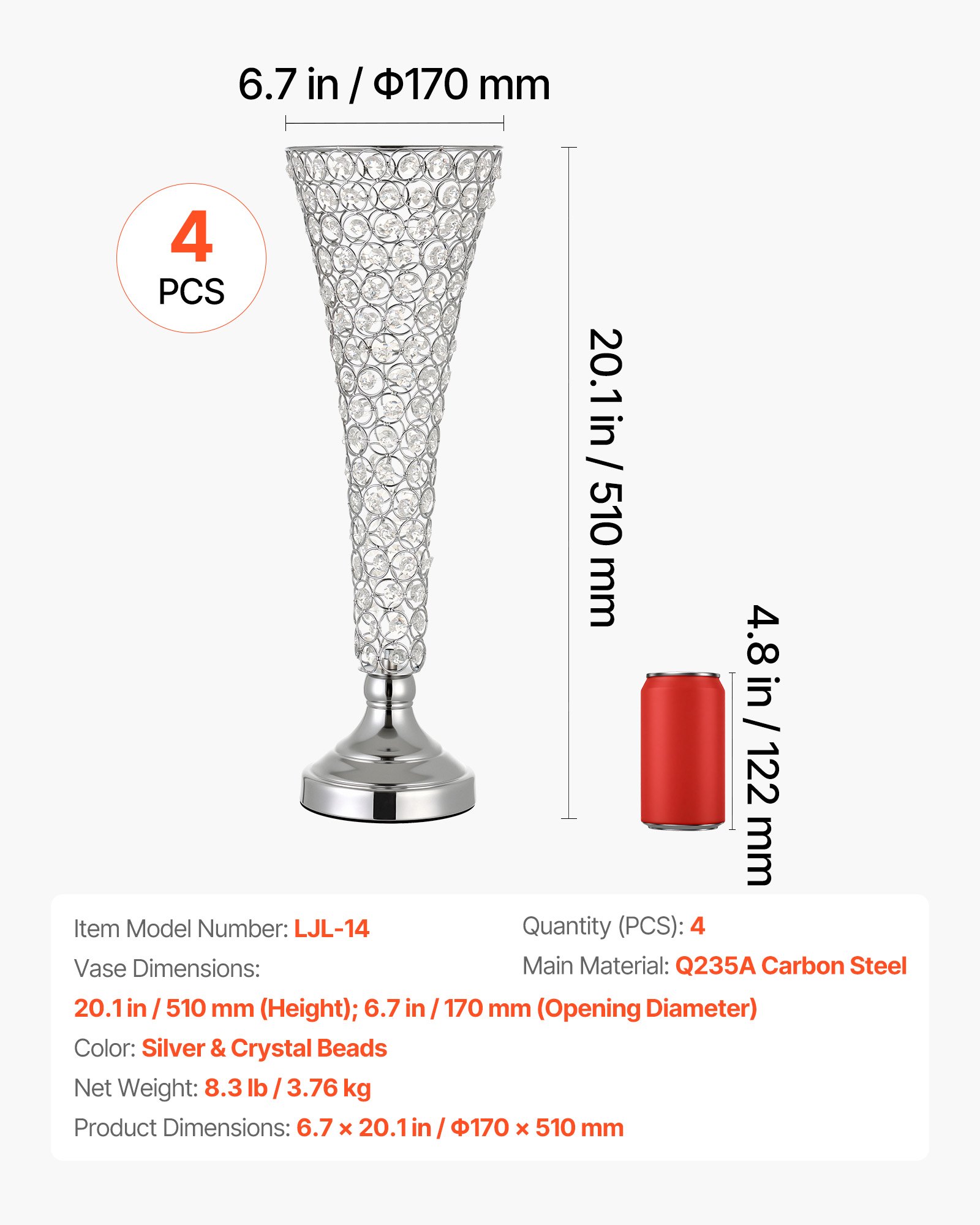 4 PCS Crystal Wedding Flower Vase, 20 In Tall Flower Table Centerpieces, Crystal Cylinder Banquet Vases Easy Installation, Versatile Arrangement Stand For Party Events Room Home Decor, Silver