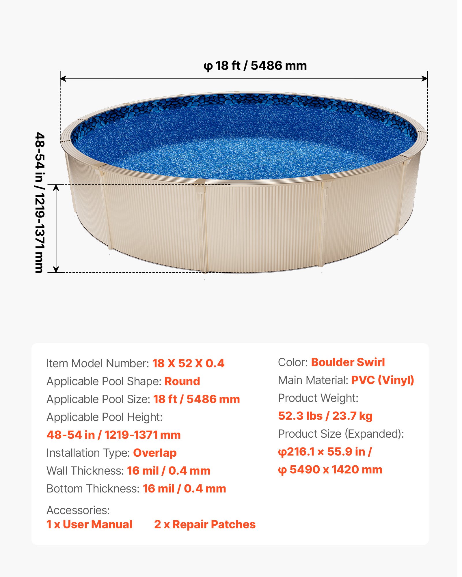 18ft Pool Liner, Round Overlap Swimming Pool Liner For 52 In Wall Height, Premium Vinyl, Easy Install With Leak-Proof Patches, Designed For Steel Sided Above-Ground,Outdoor, Boulder Swirl
