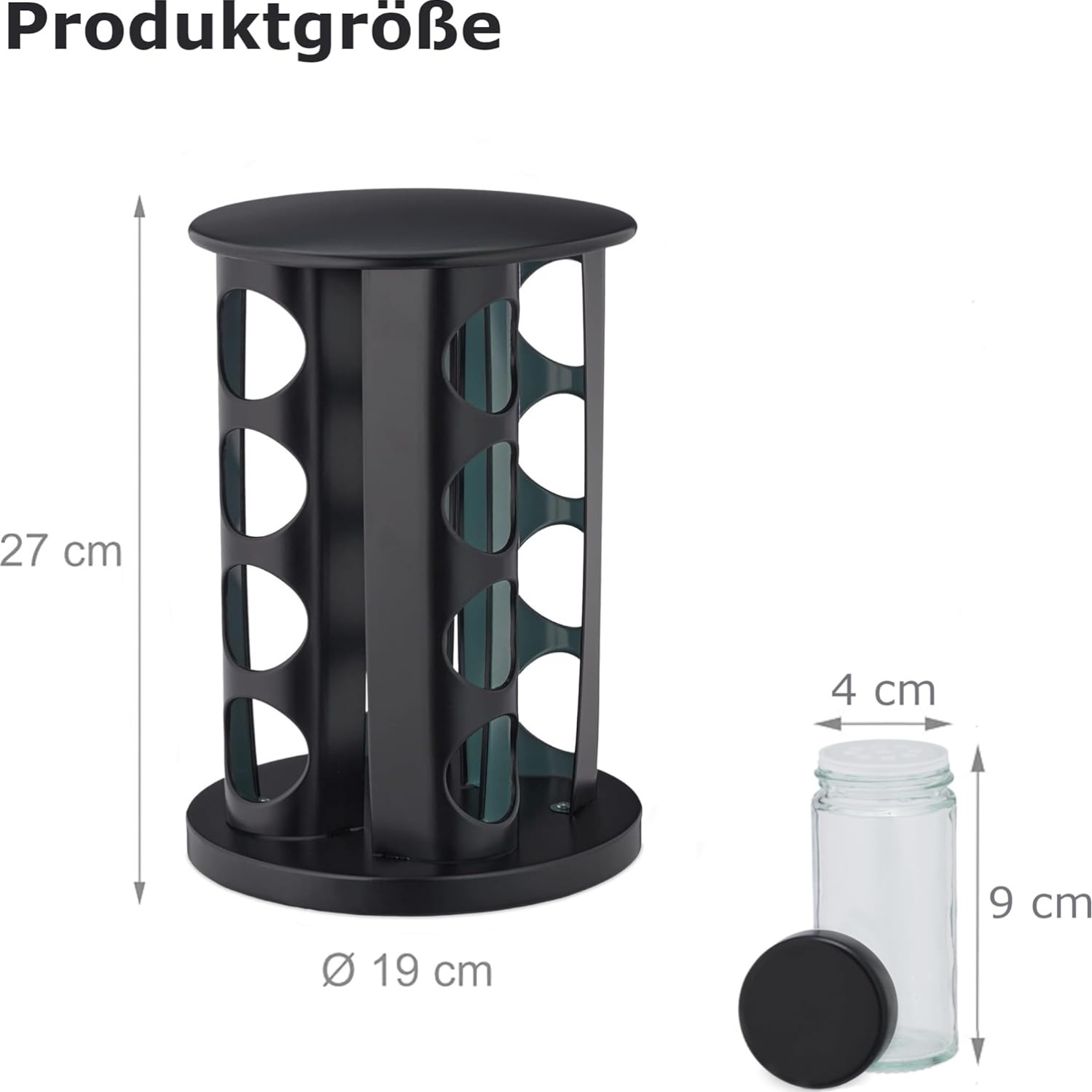 Support pan European shipping--Stainless Steel Rotating Spice Rack With Round Top - 16 Jar Storage Organizer In Pure Black, Includes 16 Bottles