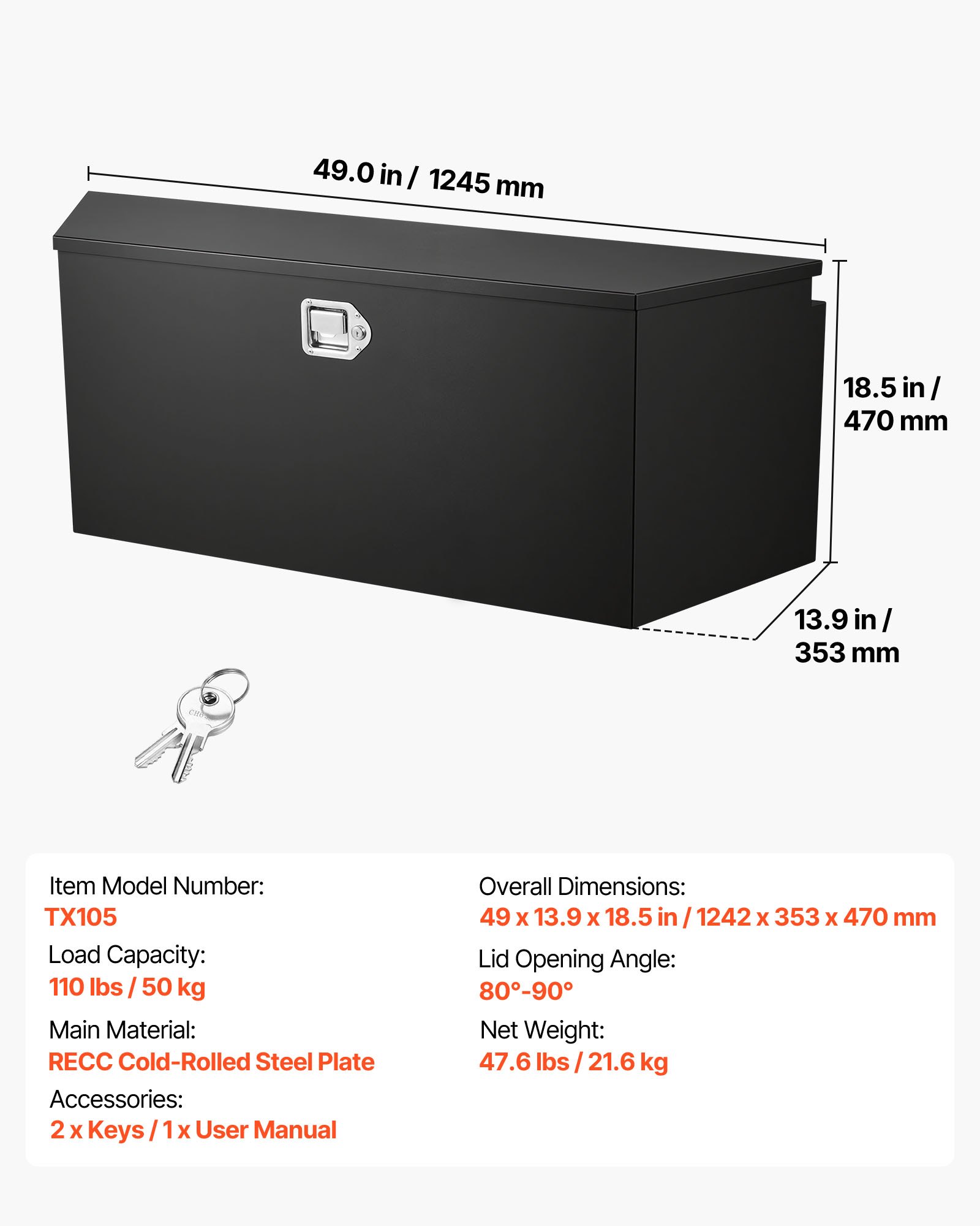 Trailer Tongue Box, 49" X 13.9" X 18.5" Steel Trailer Tongue Tool Box, Heavy Duty Storage Organizer With Lock And Keys, Utility Tool Chest For Pickup Truck Bed, RV, SUV, Off-Road Vehicle, Black