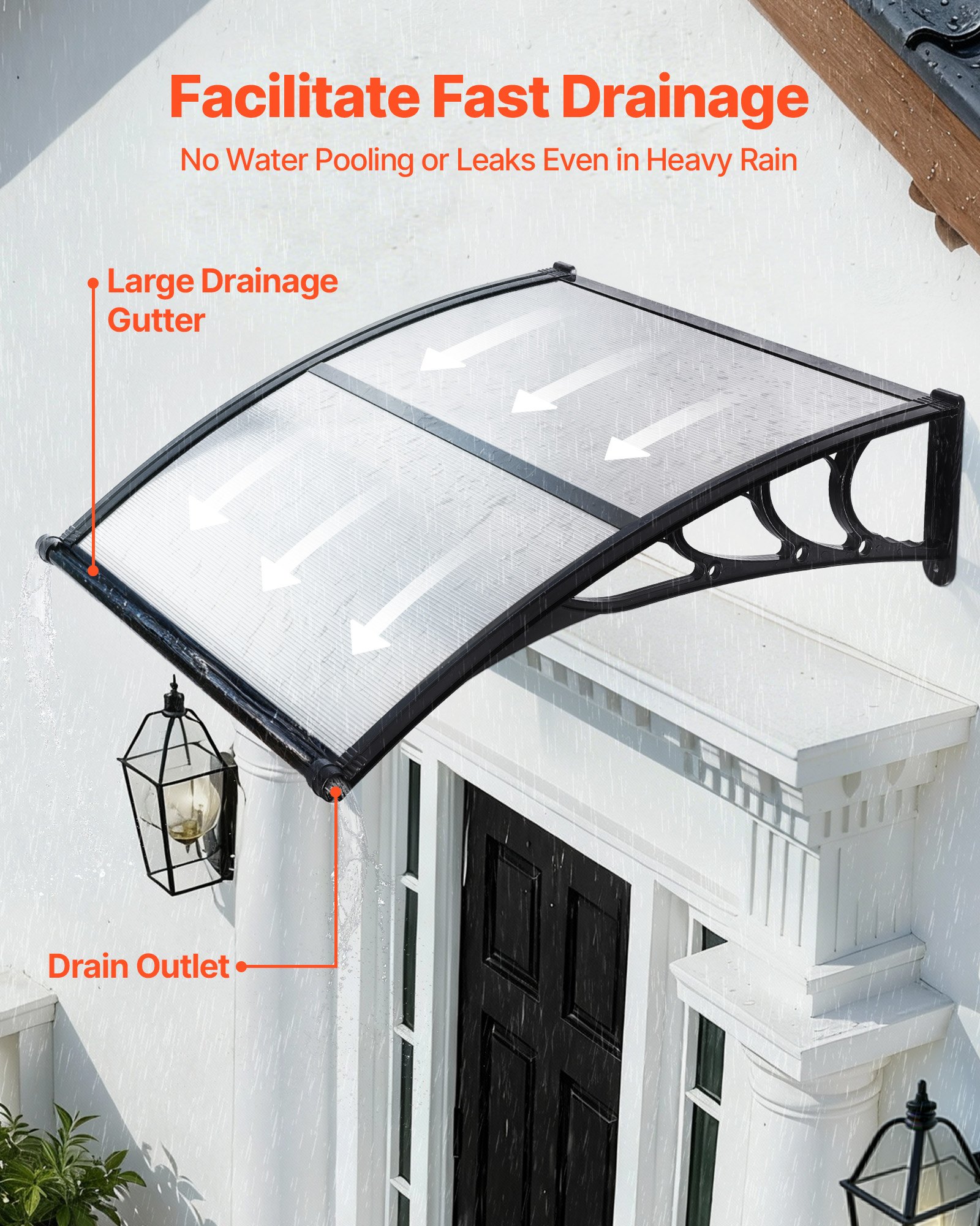 Awnings For Door Entrance, 38 X 40 In, Exterior Front Door Window Awnings With Drainage & ABS Bracket, Rain Snow Sun Protection, Overhang Polycarbonate Door Canopy For Porch Patio, Clear
