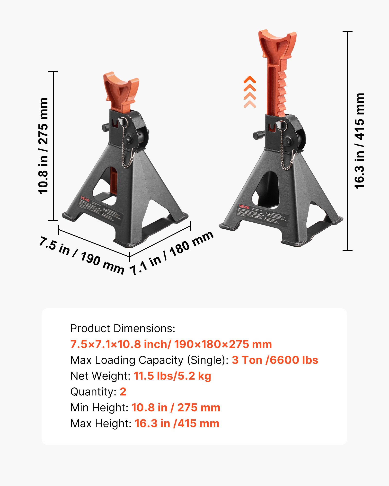 Jack Stands, 3 Ton (6,600 Lbs) Capacity, 10.8-16.3 In Adjust