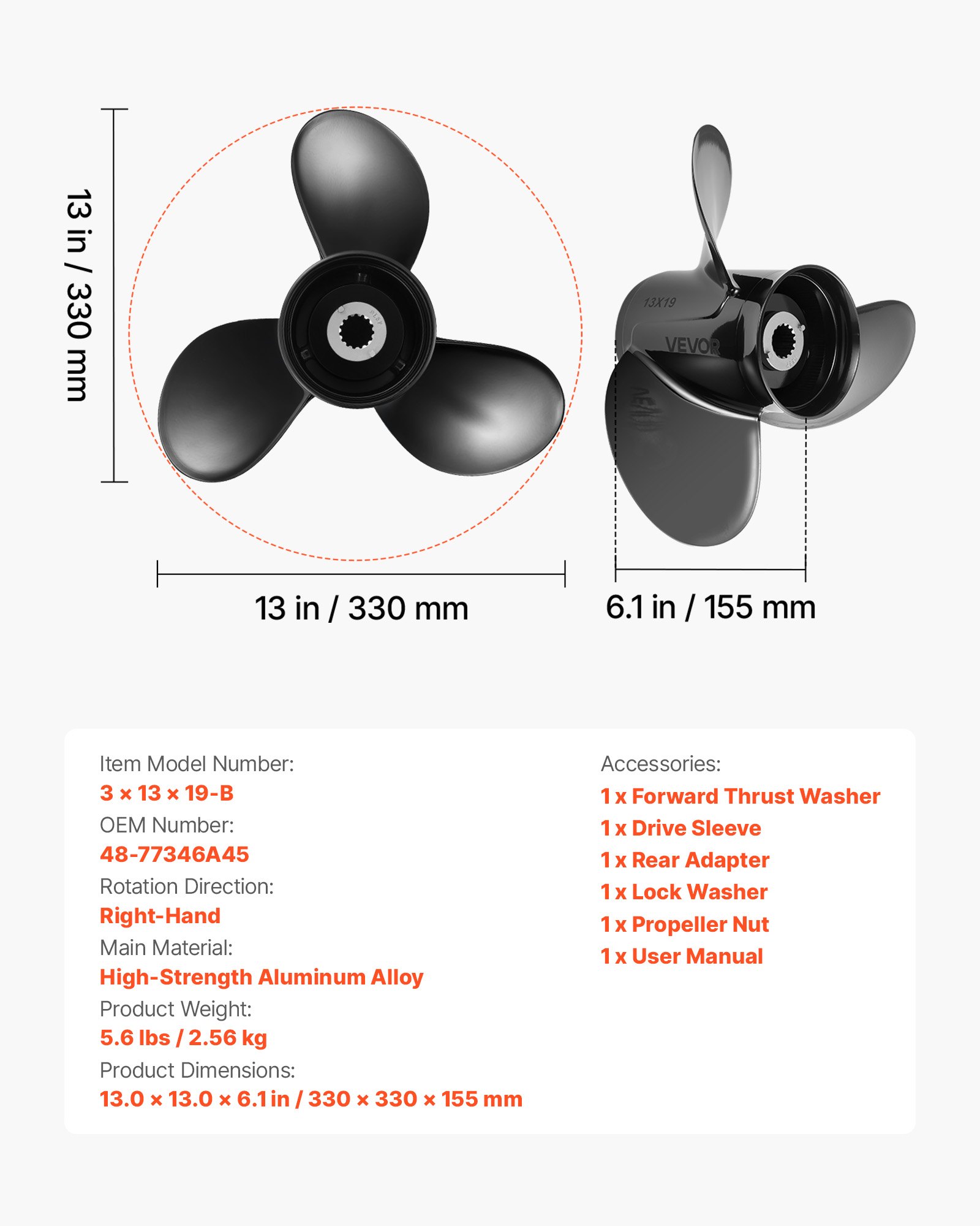 Outboard Propeller, Upgrade OEM 15 Spline Tooth Aluminum Outboard Boat Propeller Fit Mercury Engines 40-140 HP, 4-1/4" Gearcase, 3-Blade, RH (Right Hand Rotation), OEM Parts No. 48-77346A45