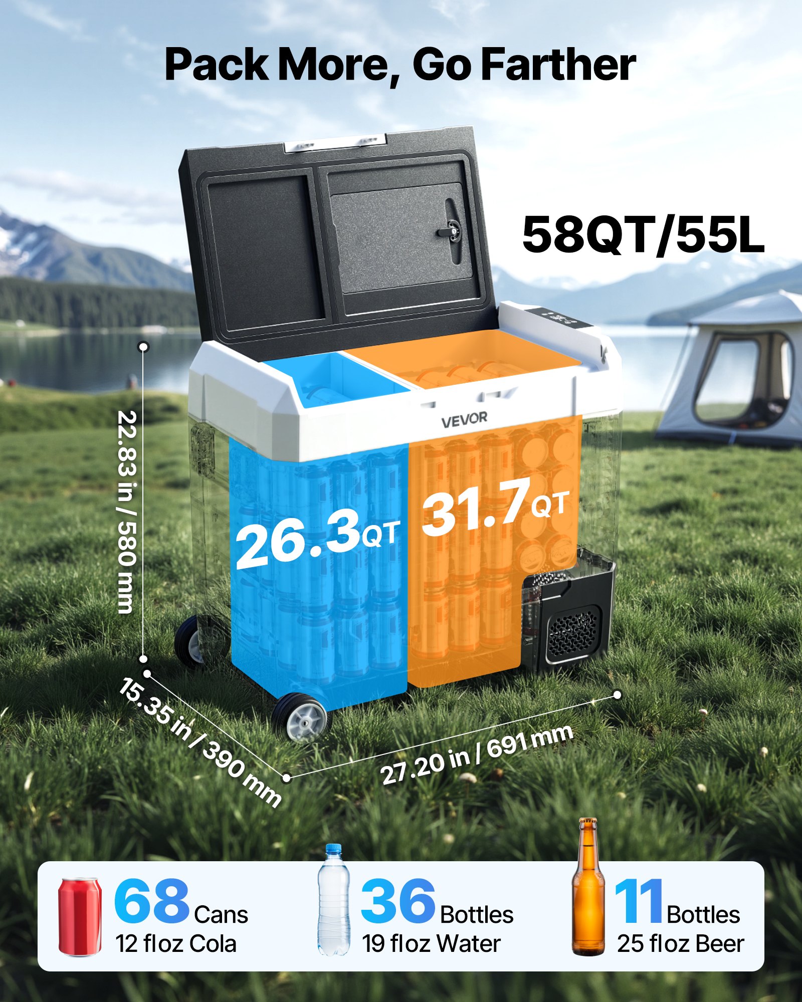 Car Refrigerator, DC 12/24V AC100-240V Compressor Electric Cooler,  -4°F To 68°F Truck Refrigerator With APP Control, Wheels & Dual Zone, 58 QT Cars Cooler For RVs, Boats, Camping, Fishing