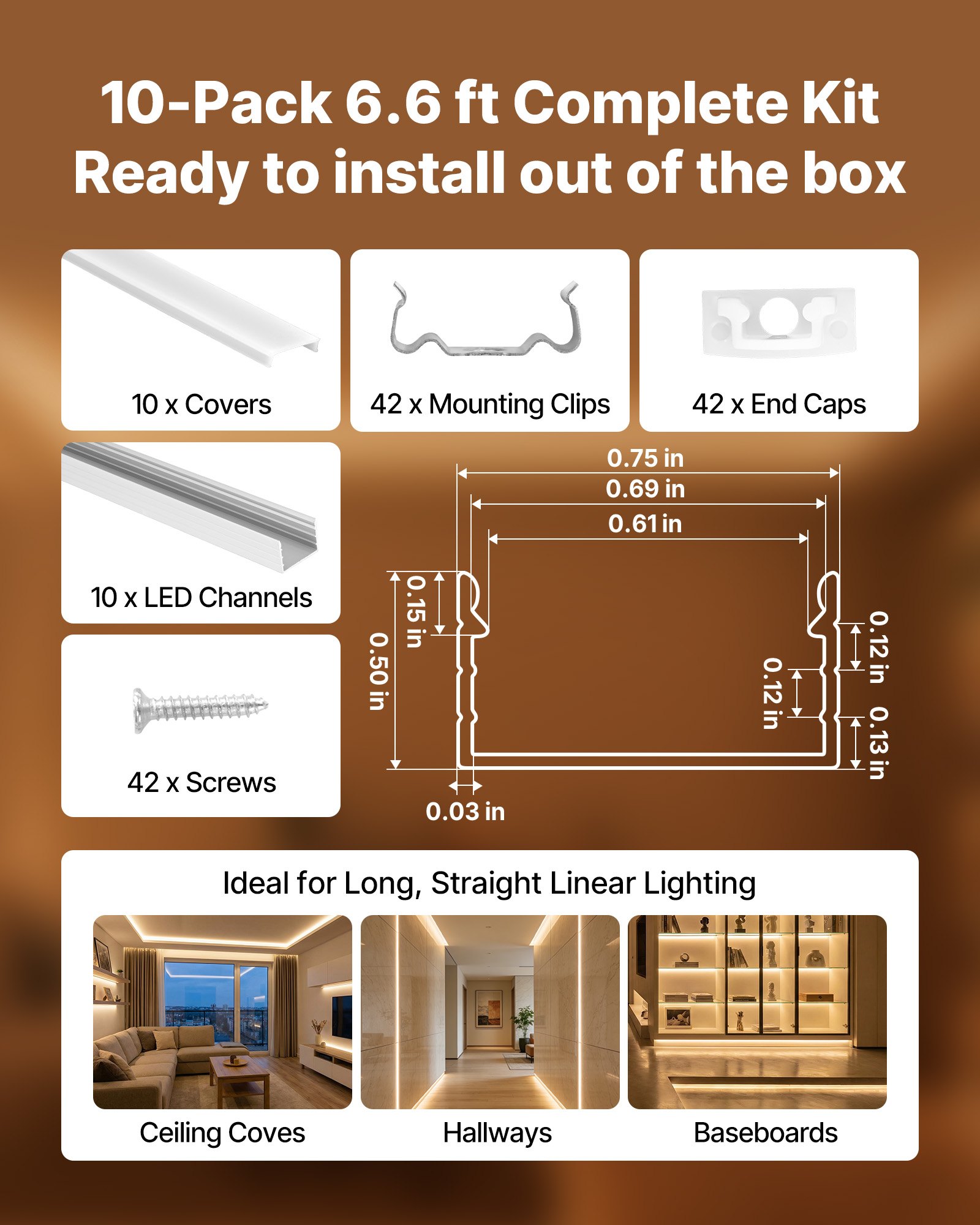 10-Pack 6.6 Ft/2M Plus-Size U Shape LED Aluminum Channel, With Milky Cover, End Caps And Mounting Clips, Aluminum Profile For LED Strip Light, Easy Installation, For Under Cabinet Ceiling Coves