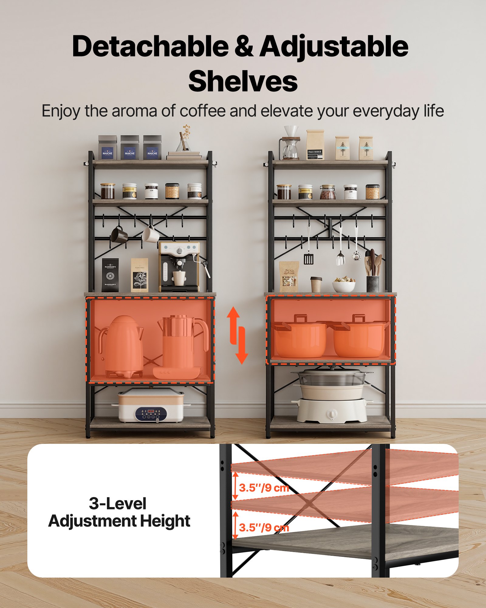 Kitchen Bakers Rack, 23.6 Inch Width Bakers Rack, Kitchen Stand With X-Shaped Support Bar, 12 S-Shaped Hooks, Double-Layer Top Shelf, Coffee Bar Stand For Dishes & Bowls, Spice Bottles