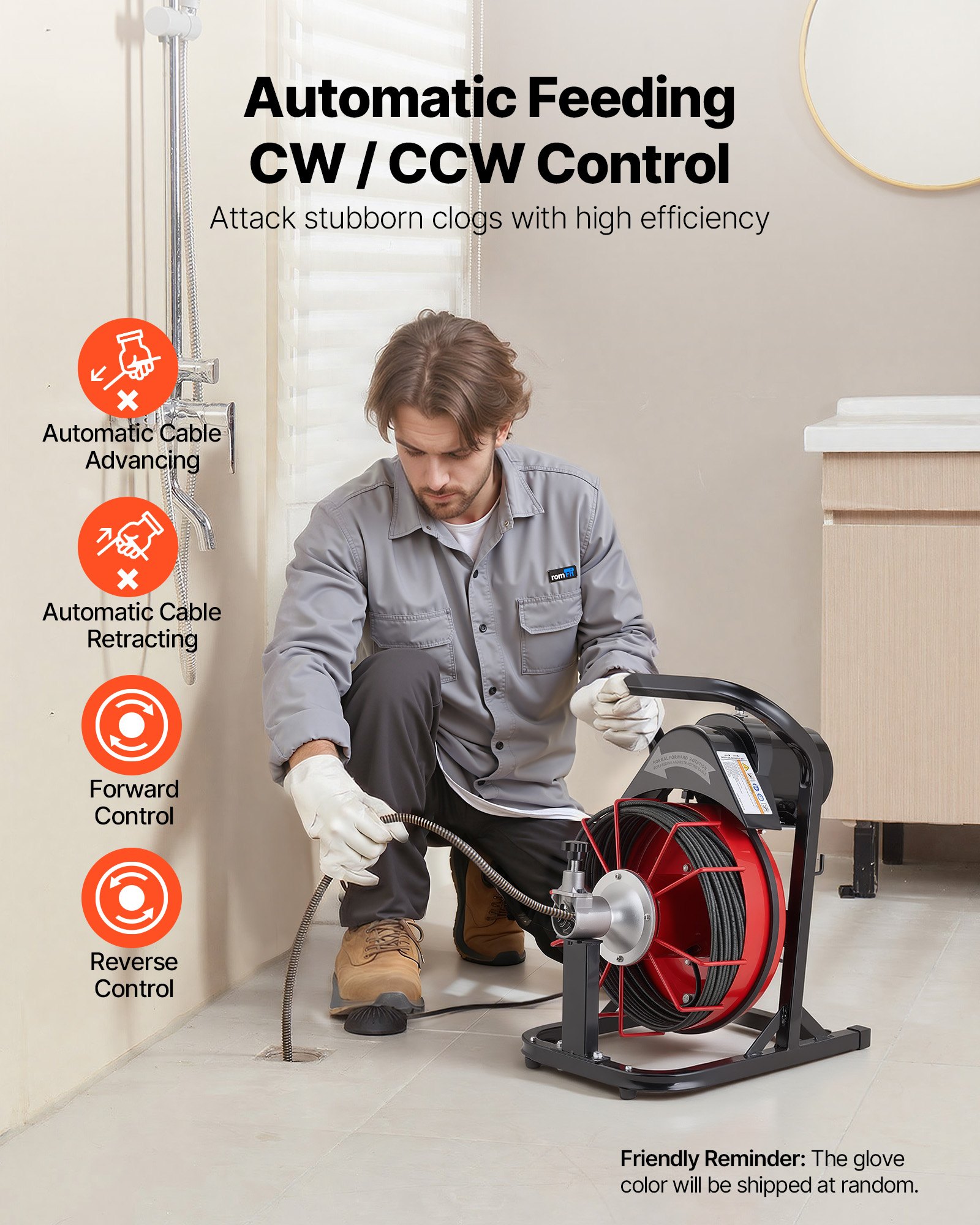 Drain Cleaner Machine 50 FT X 5/16 Inch, Auto Feed Sewer Snake Auger With 4 Cutters & Air-Activated Foot Switch For 2" To 4" Pipes