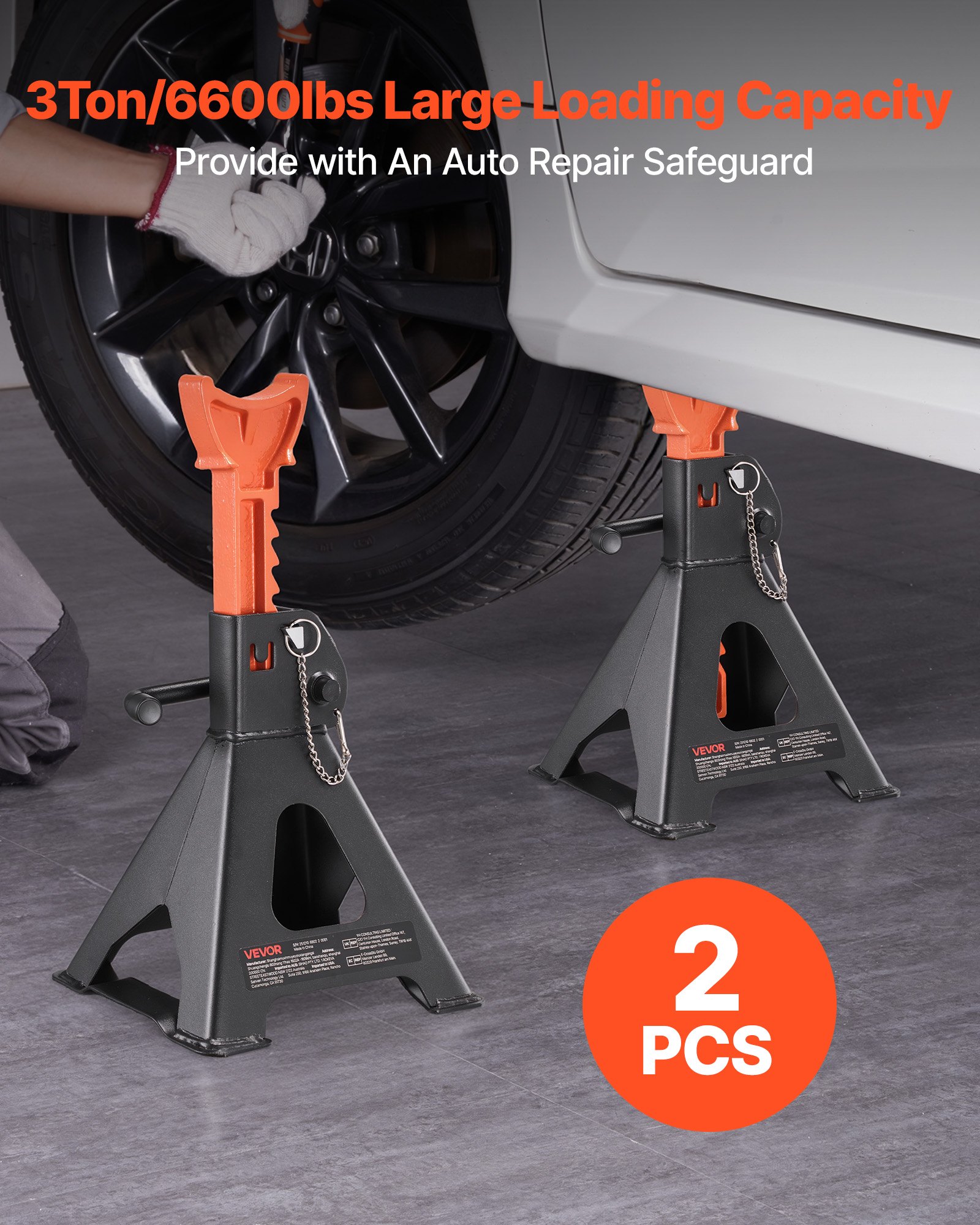 Jack Stands, 3 Ton (6,600 Lbs) Capacity, 10.8-16.3 In Adjustable Height, Heavy Duty Steel Jack Auto Stands With Double Locking, For Lifting SUV, Pickup, Car, UTV/ATV, 1 Pair, Black And Orange