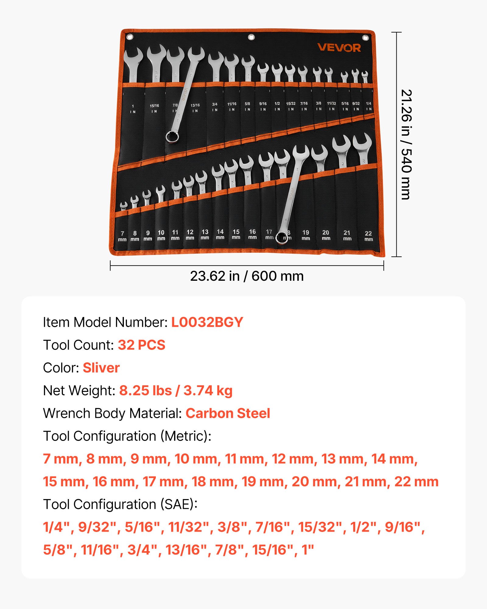 Combination Wrench Set, 32-Piece SAE And Metric, 12-Point Box End And 15° Angled Open End Combination Wrenches With Roll Up Pouch, Carbon Steel, For General Household And Automotive Repairs