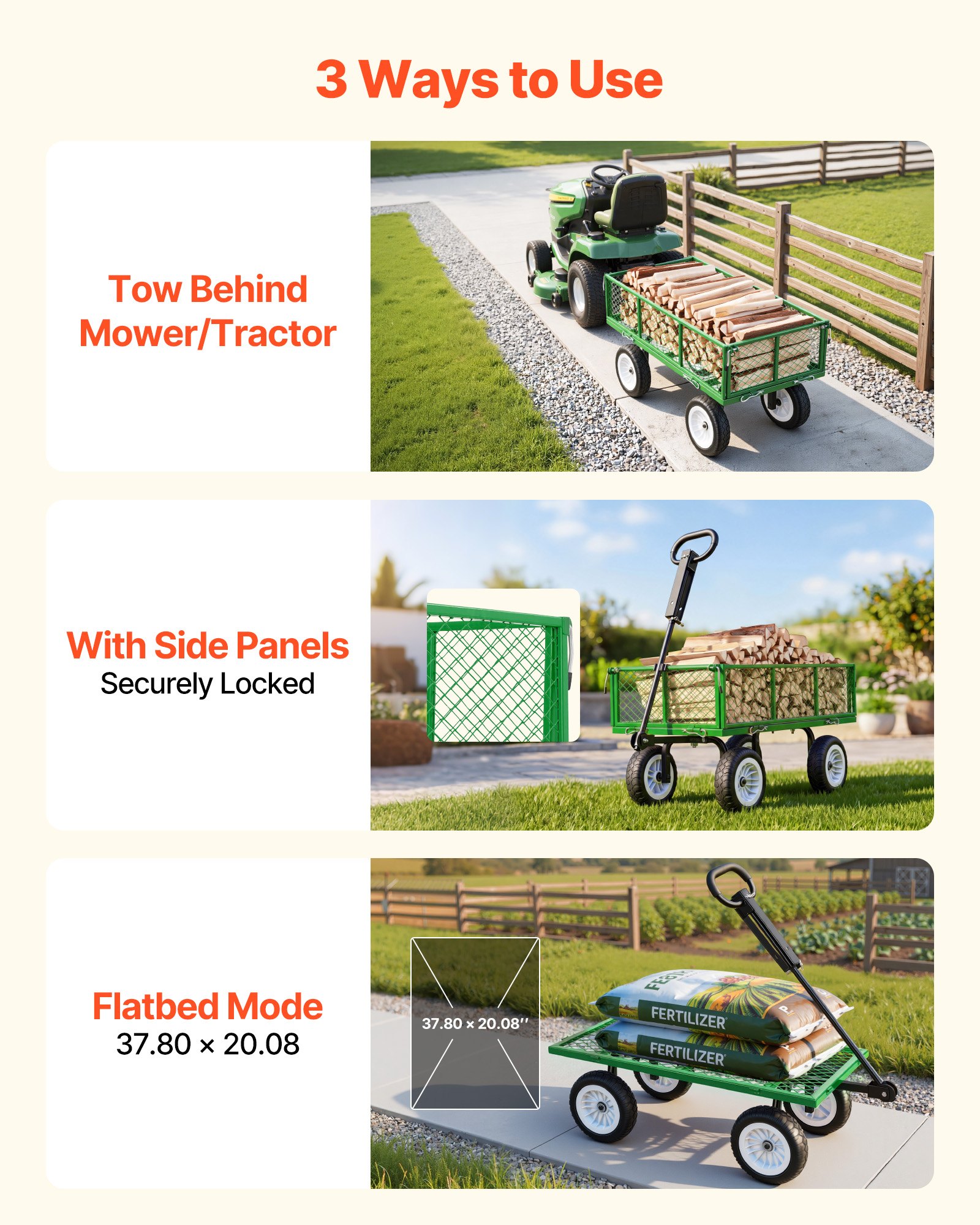 Garden Cart, 900 LBS, Heavy Duty Steel Yard And Garden Utility Wagon With 10-Inch Tires, Outdoor Gardening Stool With Adjustable Handle, Detachable Side Panels, Attach To ATV Or Tractor, Green
