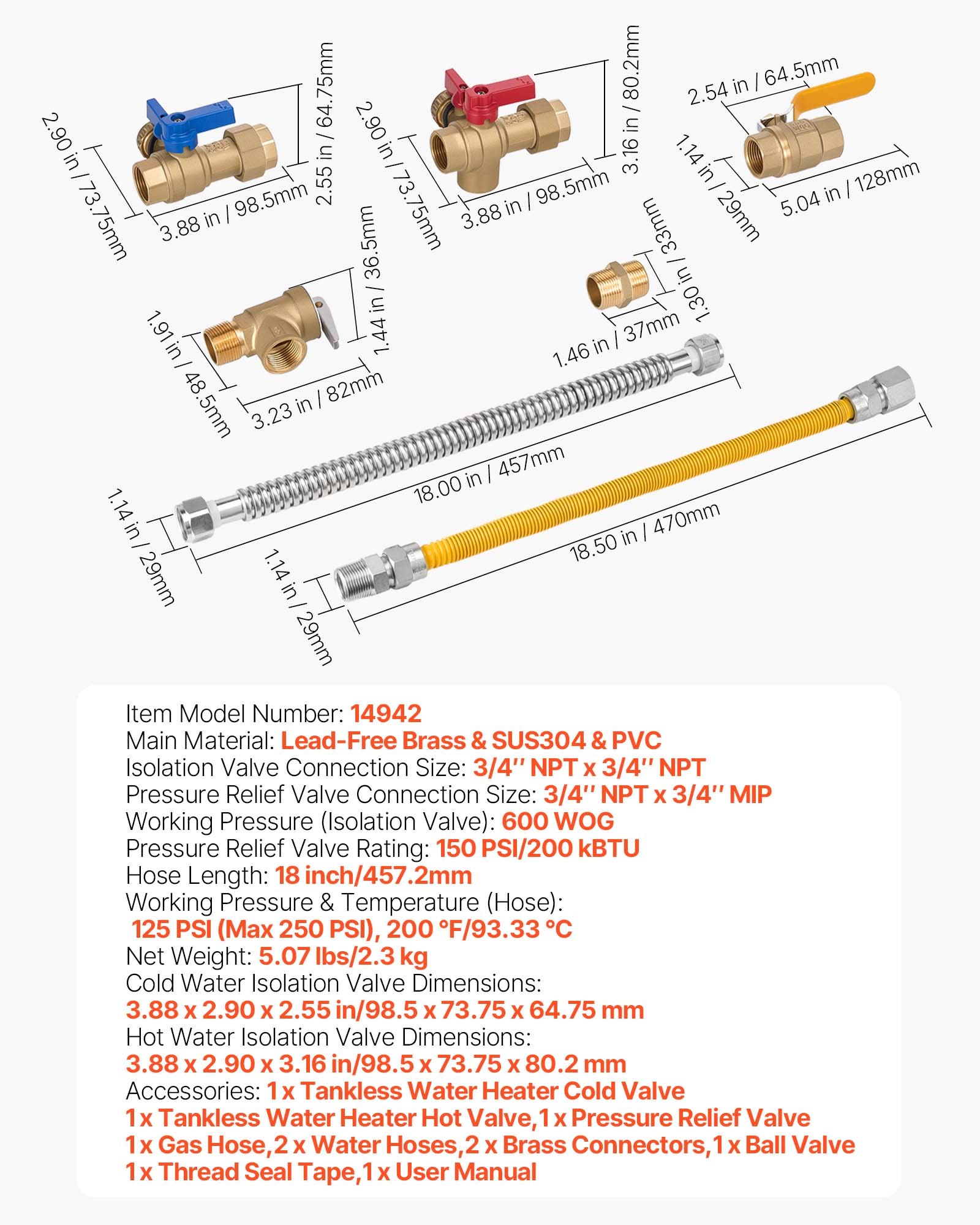 Water Heater Kit, 3/4 Inch Cold & Hot Water Plumbing Repair Kit With 600 WOG Isolation Valves, Pressure Relief Valve, Ball Valve, Gas Hose, Compatible With Most Tankless Waters Heater Brands