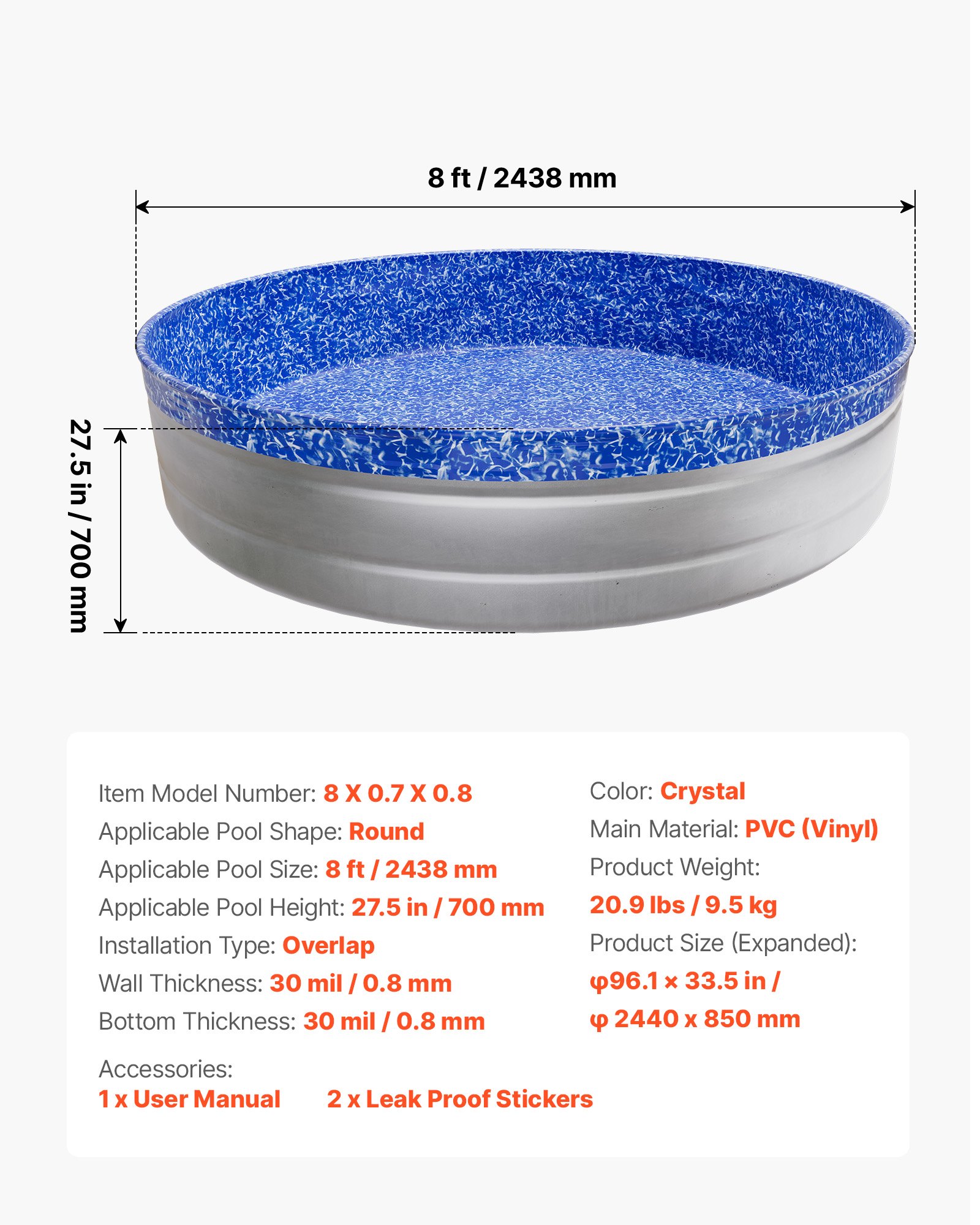 8ft Pool Liner, Round Overlap Swimming Pool Liner For 27.5 In Wall Height, Heavy Gauge Vinyl, Easy Install With Leak-Proof Patches, Designed For Steel Sided Above-Ground,Outdoor, Crystal